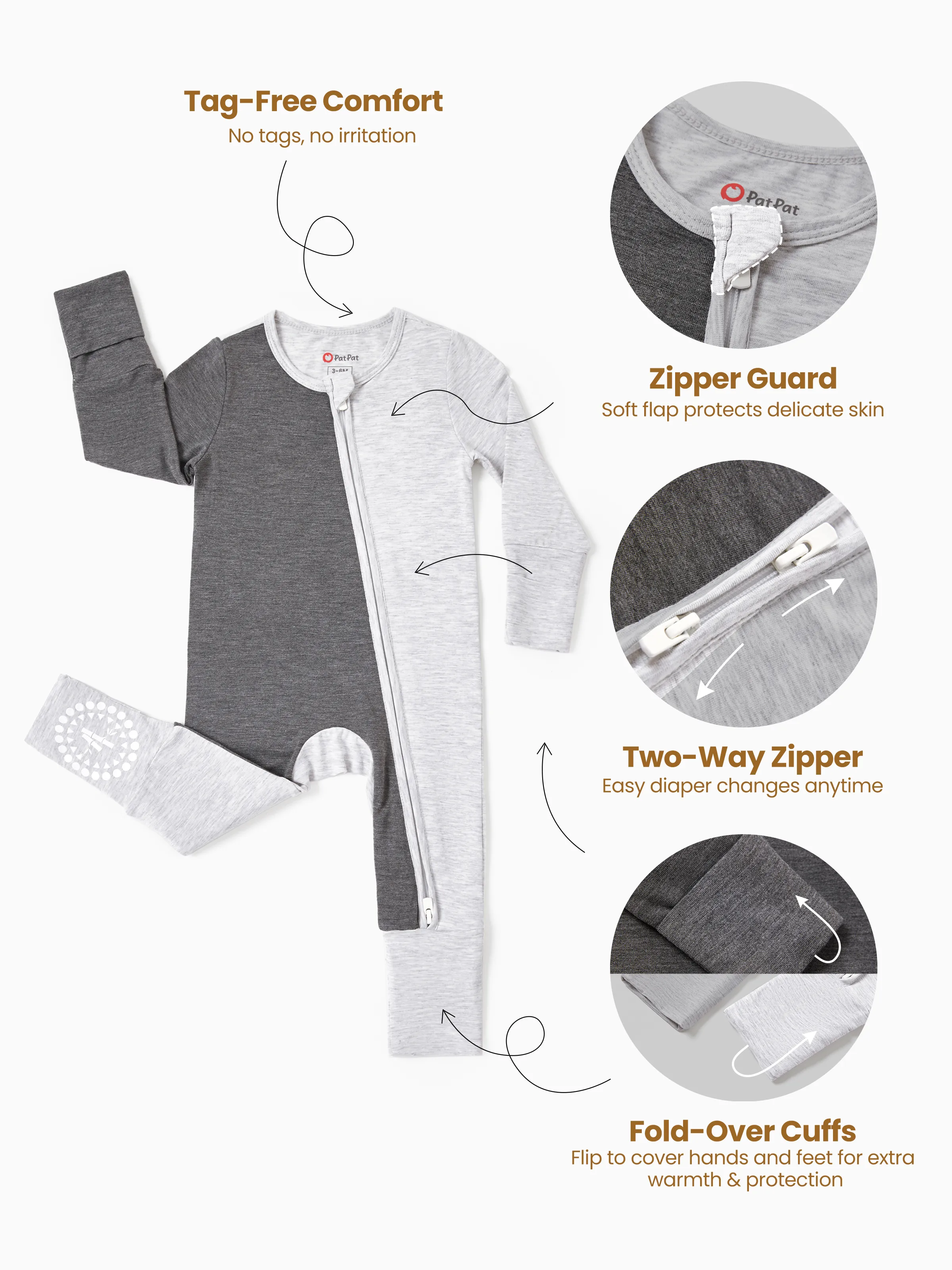 Bamboo Baby Boy / Girl Color Block 2-Way Zipper Anti Slip Long Sleeve Rompers Grey - Image 3