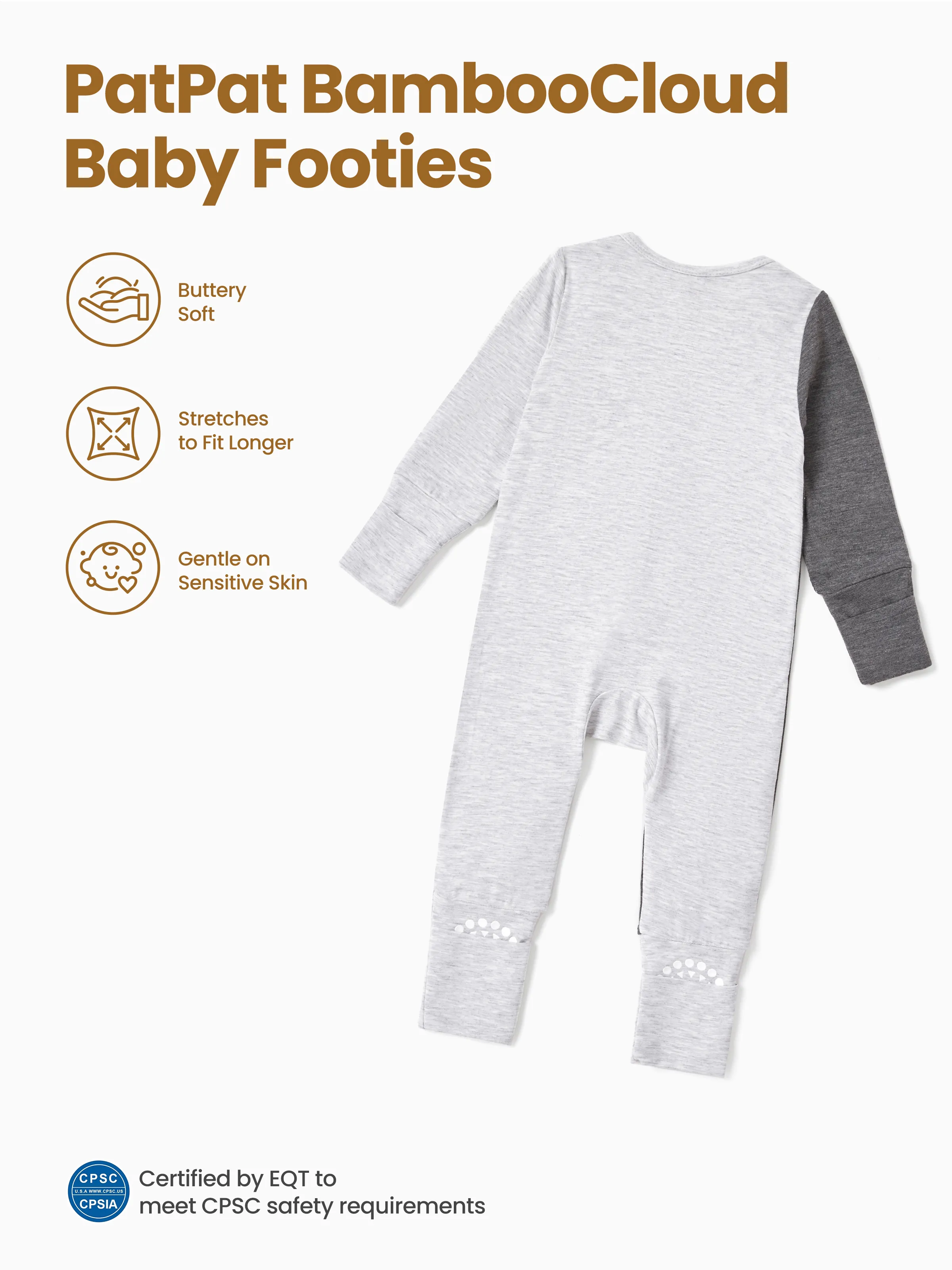 Bamboo Baby Boy / Girl Color Block 2-Way Zipper Anti Slip Long Sleeve Rompers Grey - Image 4
