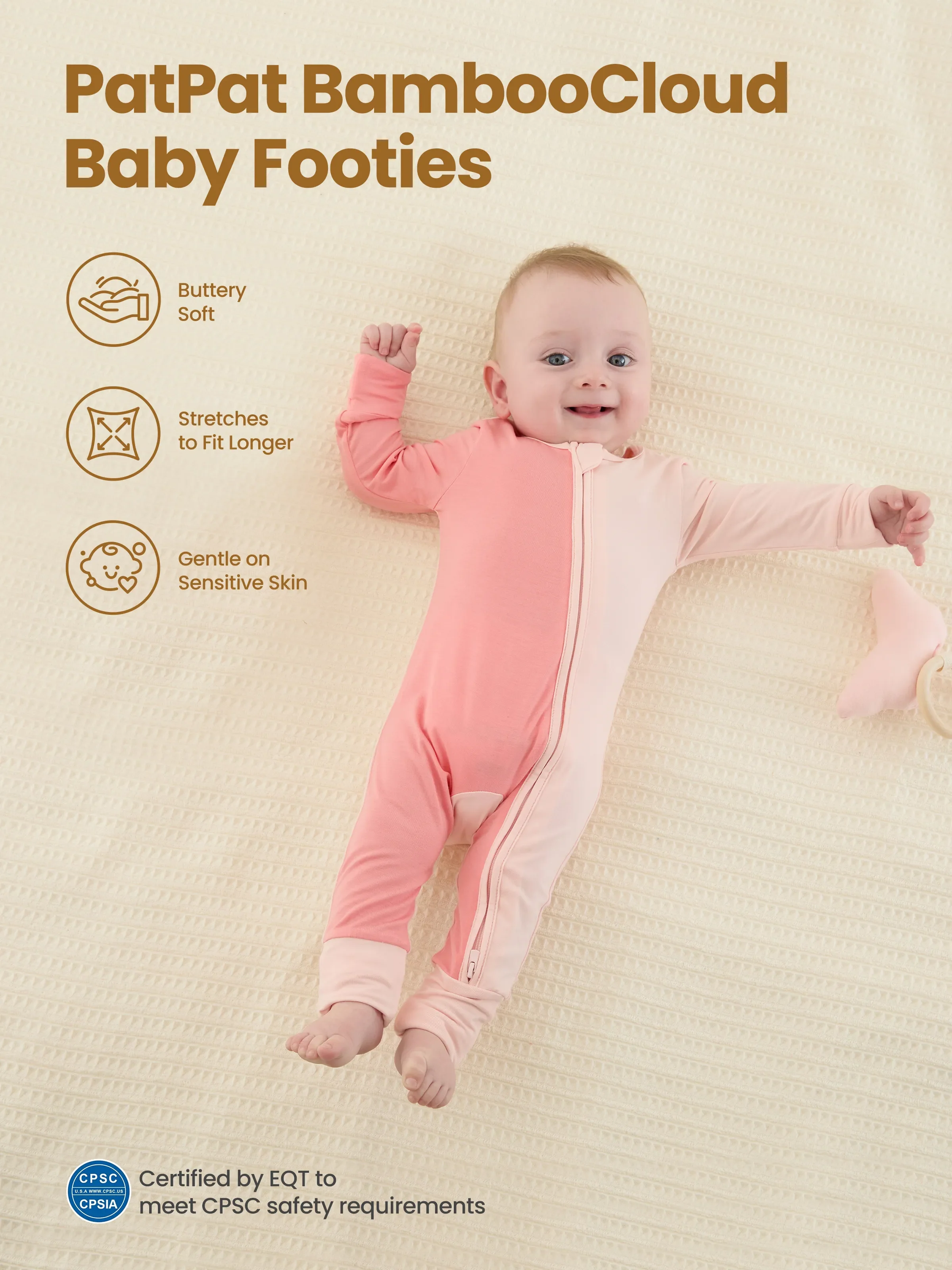 Bamboo Baby Boy / Girl Color Block 2-Way Zipper Anti Slip Long Sleeve Rompers Pink - Image 3
