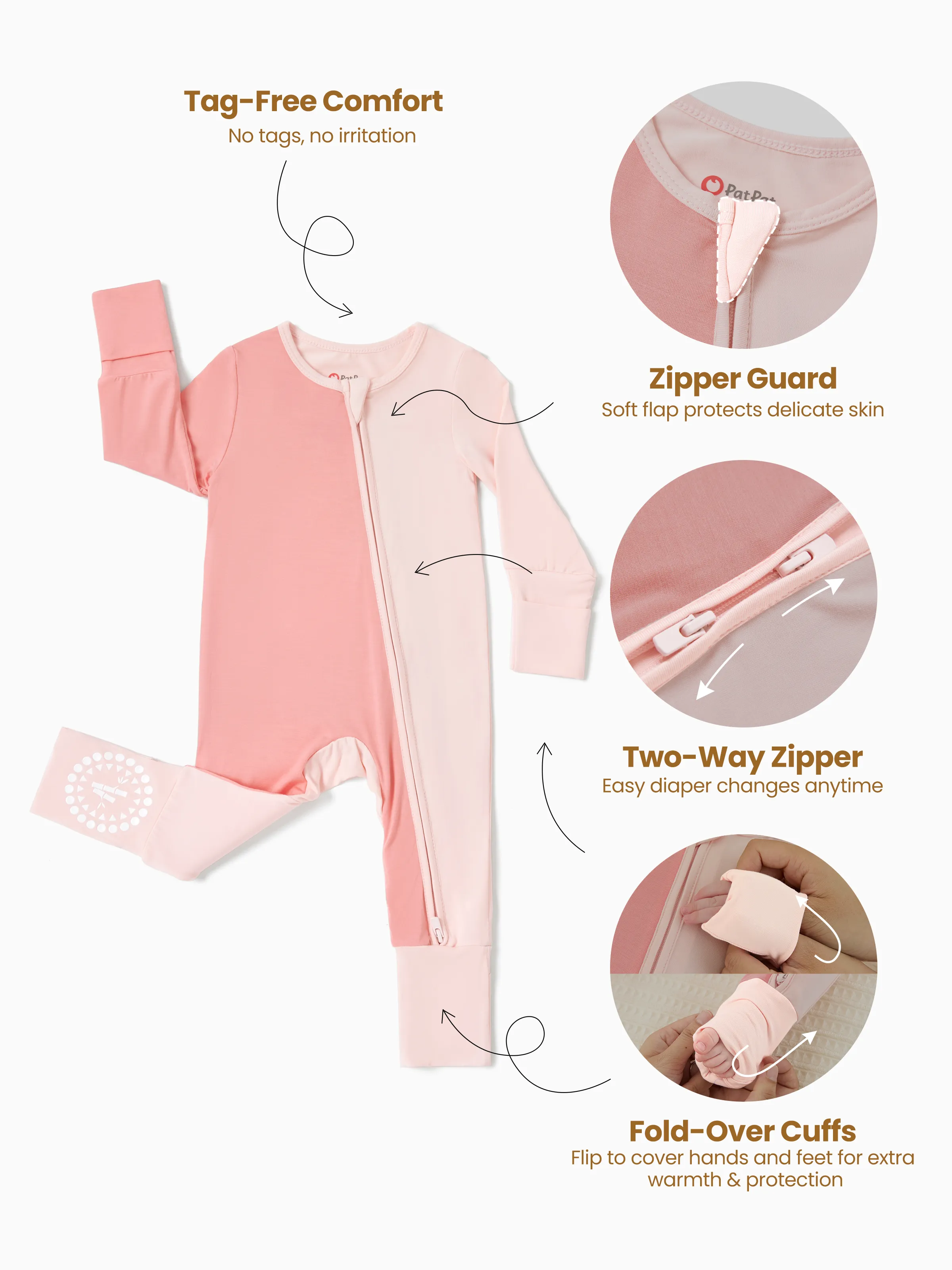 Bamboo Baby Boy / Girl Color Block 2-Way Zipper Anti Slip Long Sleeve Rompers Pink - Image 5