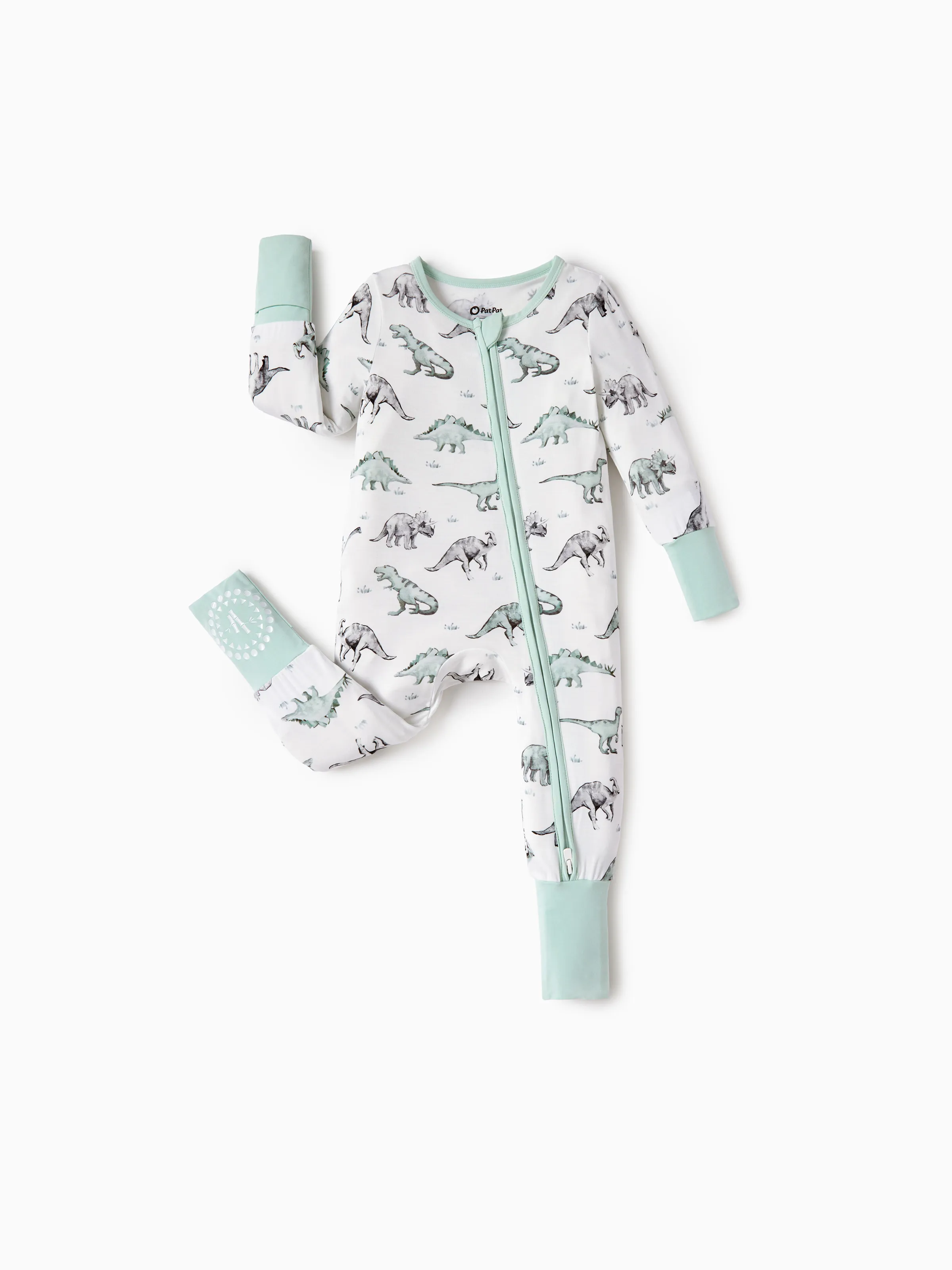 Bamboo Baby Boy/Girl 2-Pack Cute Animal Long Sleeve Romper 2-Way Zip Anti Slip Footie Pale Green - Image 3