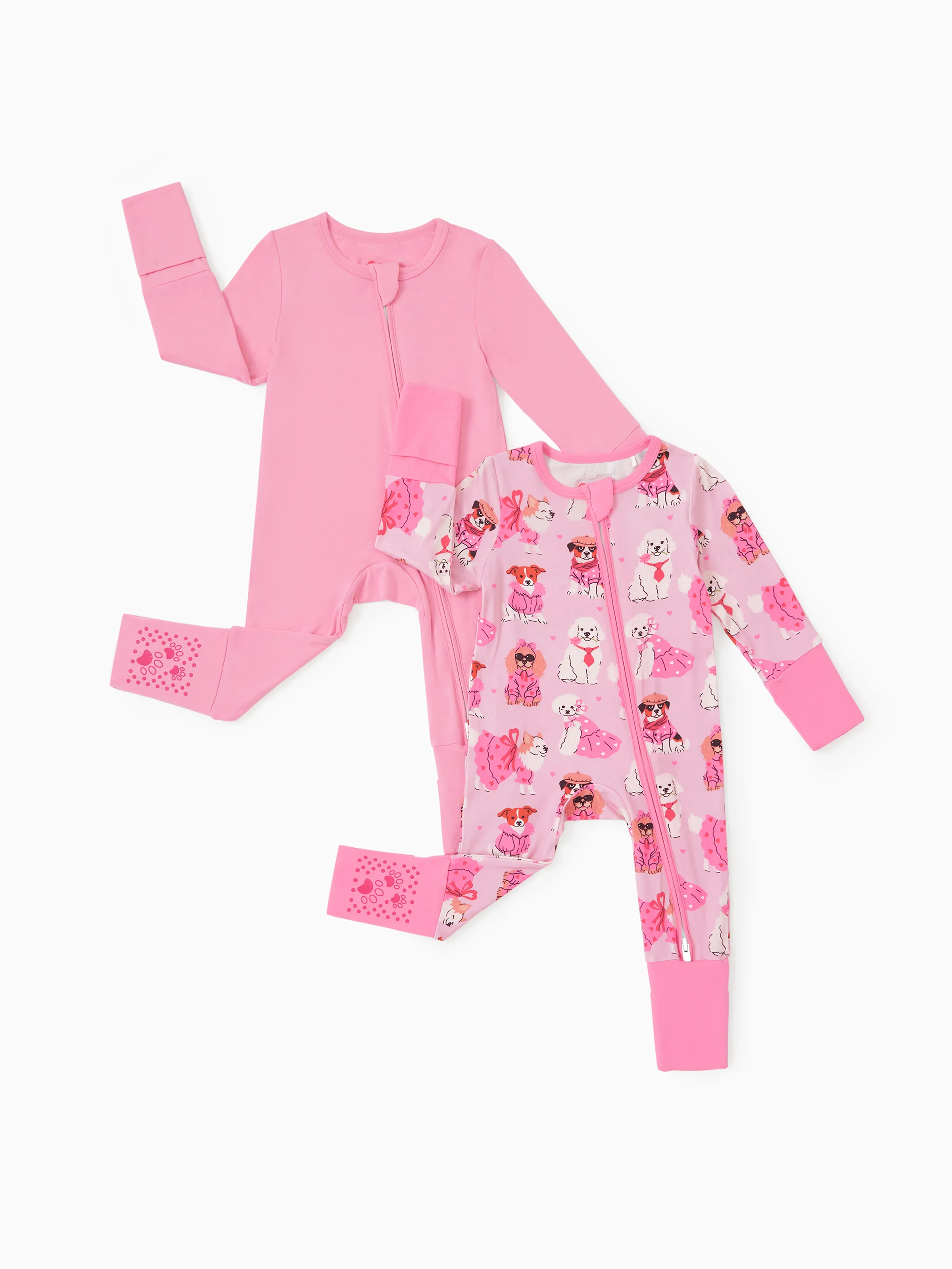 Bamboo Baby Boy/Girl 2-Pack Solid&Bee Printed 2-Way Zipper Anti Slip Footie Pink - Image 17