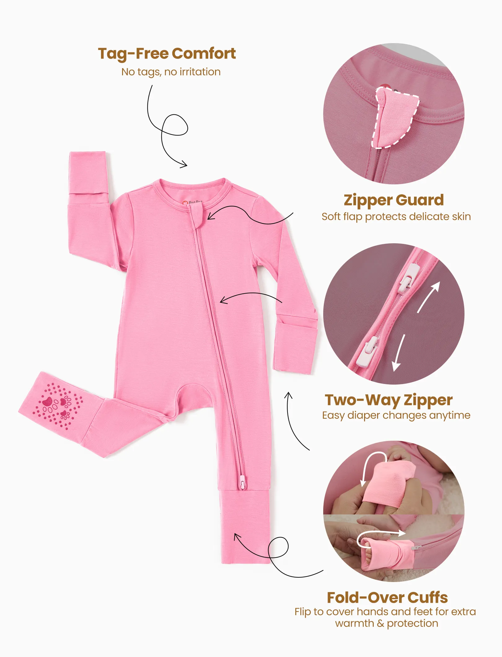Bamboo Baby Boy/Girl 2-Pack Solid&Bee Printed 2-Way Zipper Anti Slip Footie Pink - Image 6
