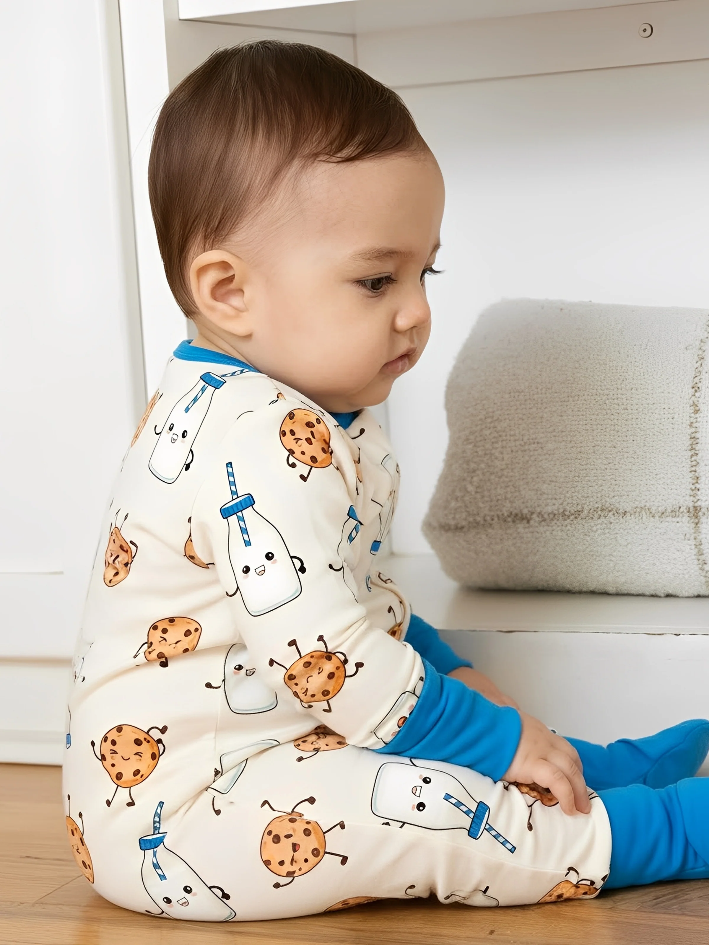 Bamboo Baby Boy/Girl Animal Printed 2-Way Zip Onesies Anti Slip Long-sleeve Footie with Hairband Blue - Image 3