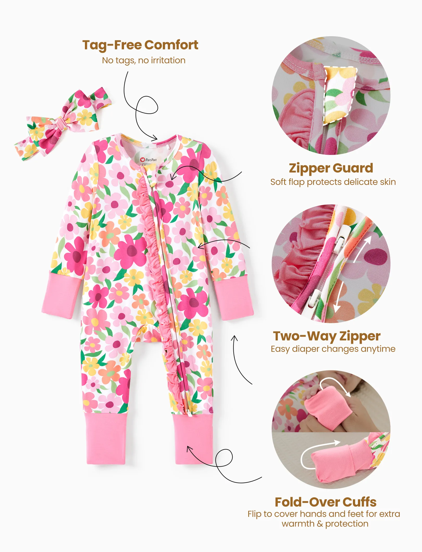 Bamboo Baby Boy/Girl Animal Printed 2-Way Zipper Anti Slip Long-sleeve Footie with/without Hairband Dark Pink - Image 7
