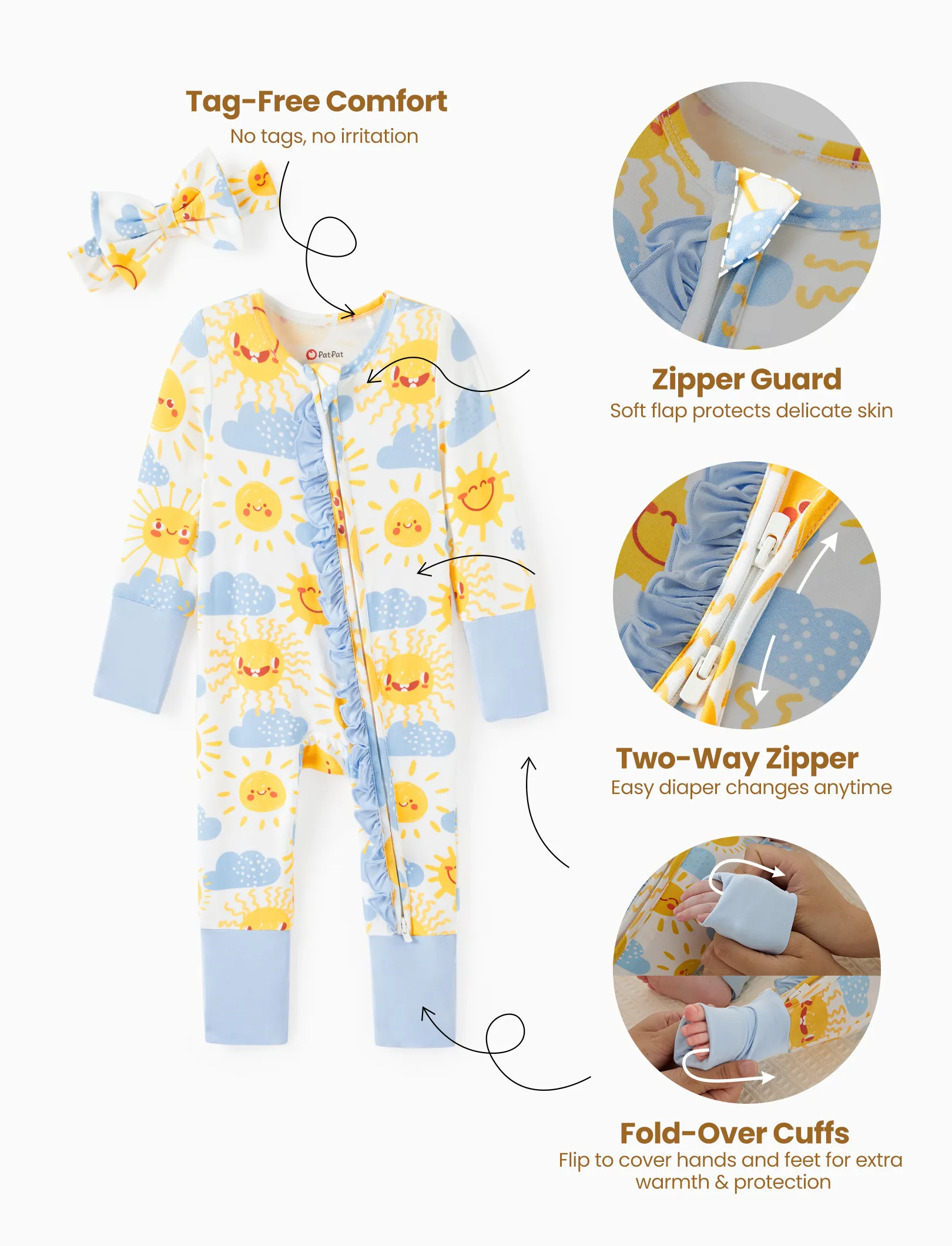 Bamboo Baby Boy/Girl Animal Printed 2-Way Zipper Anti Slip Long-sleeve Footie with/without Hairband Light Blue - Image 7