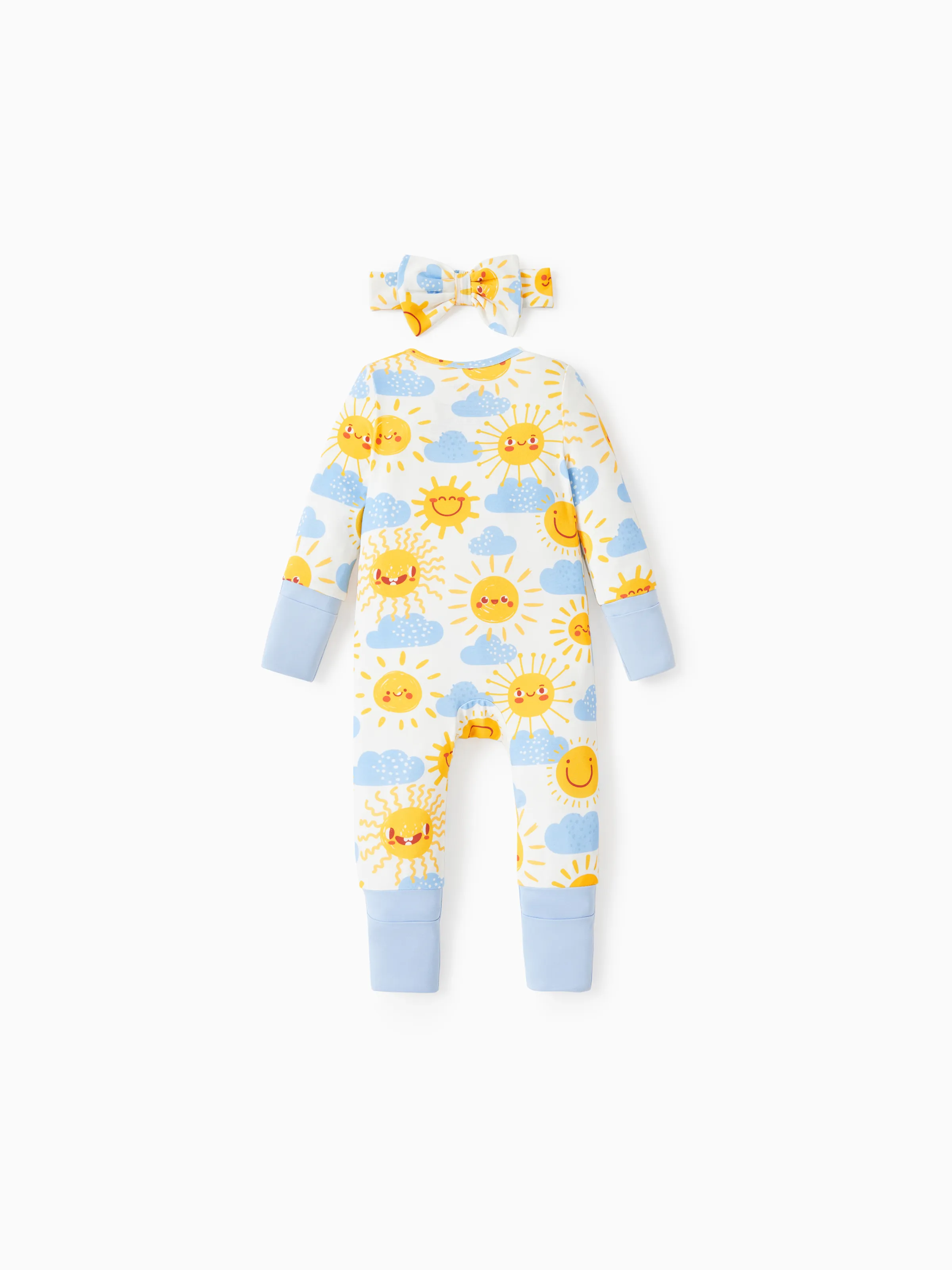 Bamboo Baby Boy/Girl Animal Printed 2-Way Zipper Anti Slip Long-sleeve Footie with/without Hairband Light Blue - Image 8