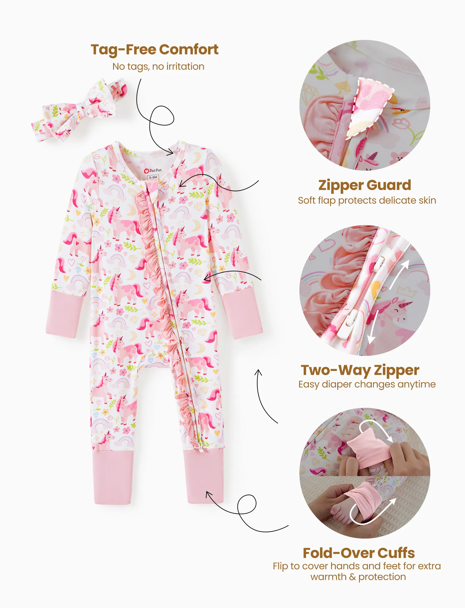 Bamboo Baby Boy/Girl Animal Printed 2-Way Zipper Anti Slip Long-sleeve Footie with/without Hairband Pink - Image 8