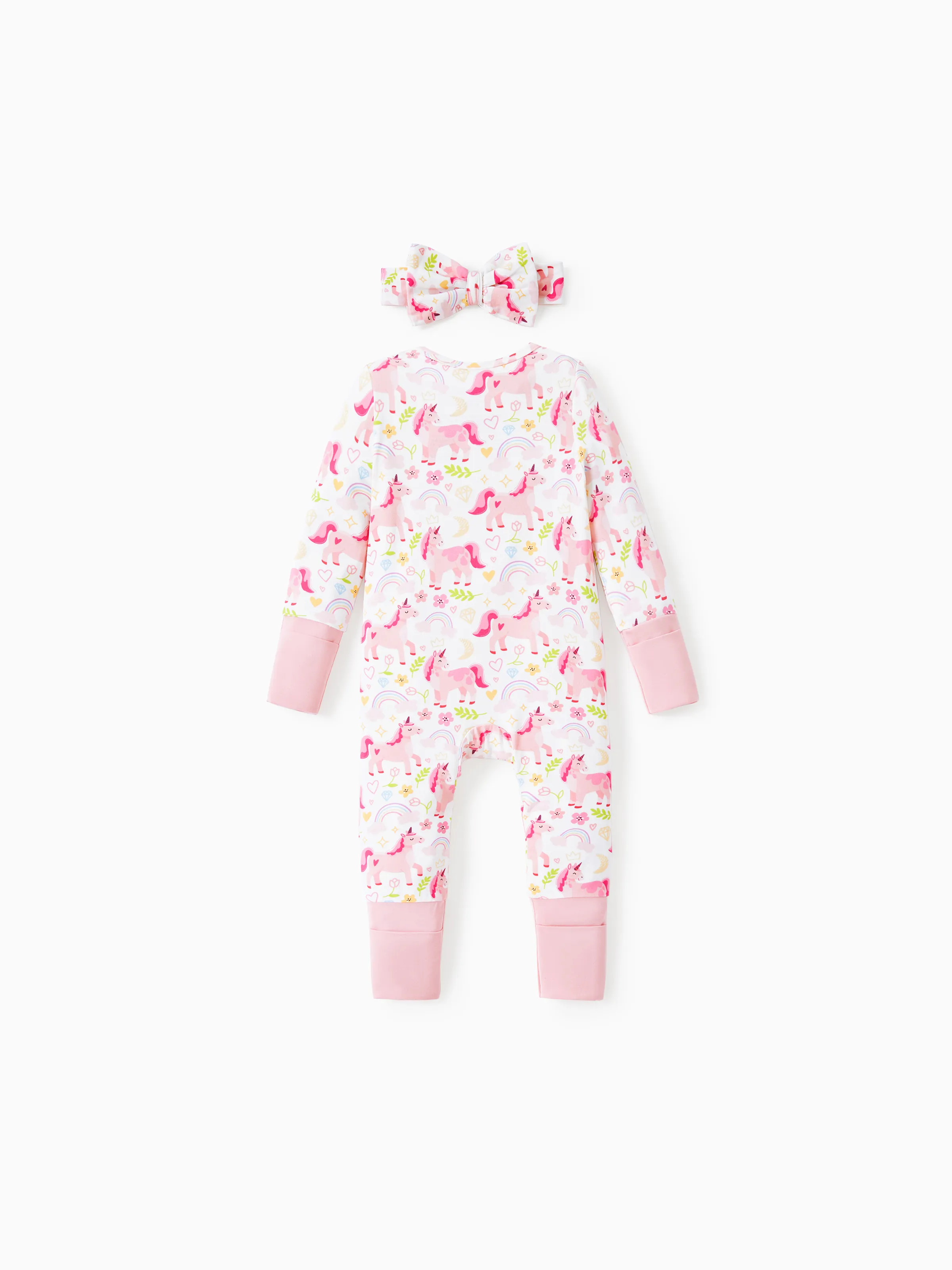 Bamboo Baby Boy/Girl Animal Printed 2-Way Zipper Anti Slip Long-sleeve Footie with/without Hairband Pink - Image 9