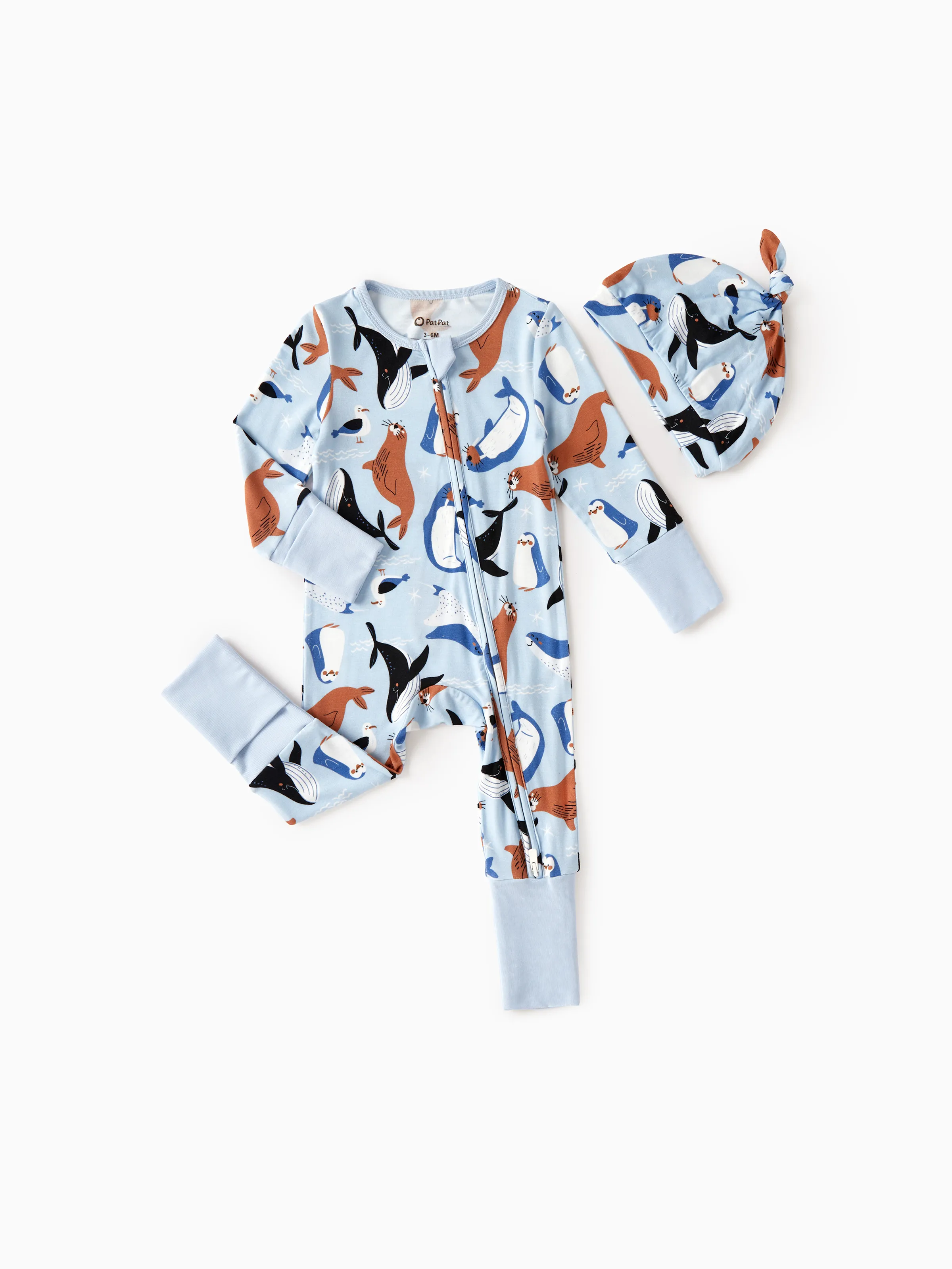 Bamboo Baby Boy/Girl Animal Printed 2-Way Zip Onesies Anti Slip Long-sleeve Footie with Hairband Royal Blue - Image 9