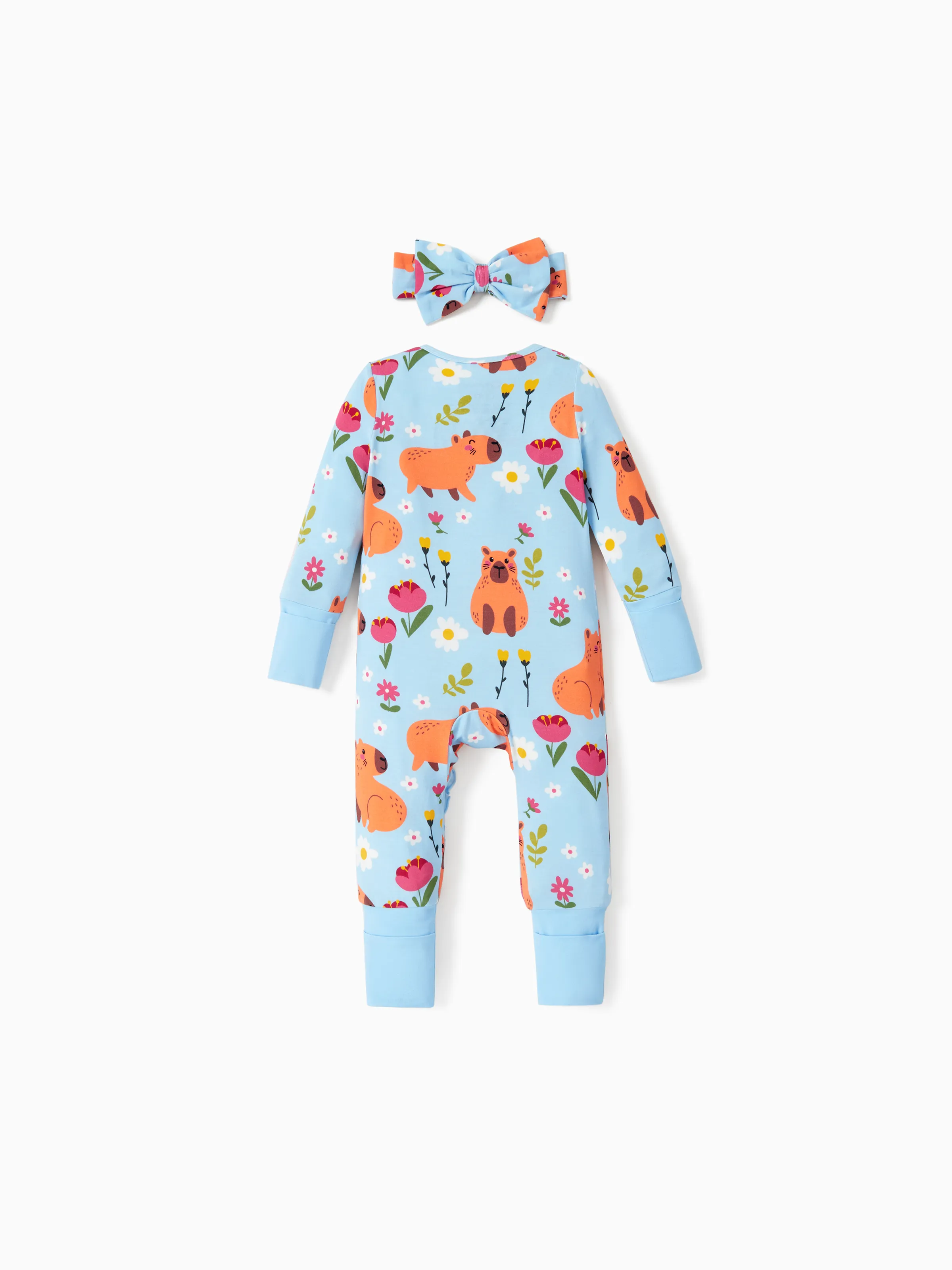 Bamboo Baby Boy/Girl Animal Printed 2-Way Zipper Anti Slip Long-sleeve Footie with/without Hairband Turquoise - Image 6