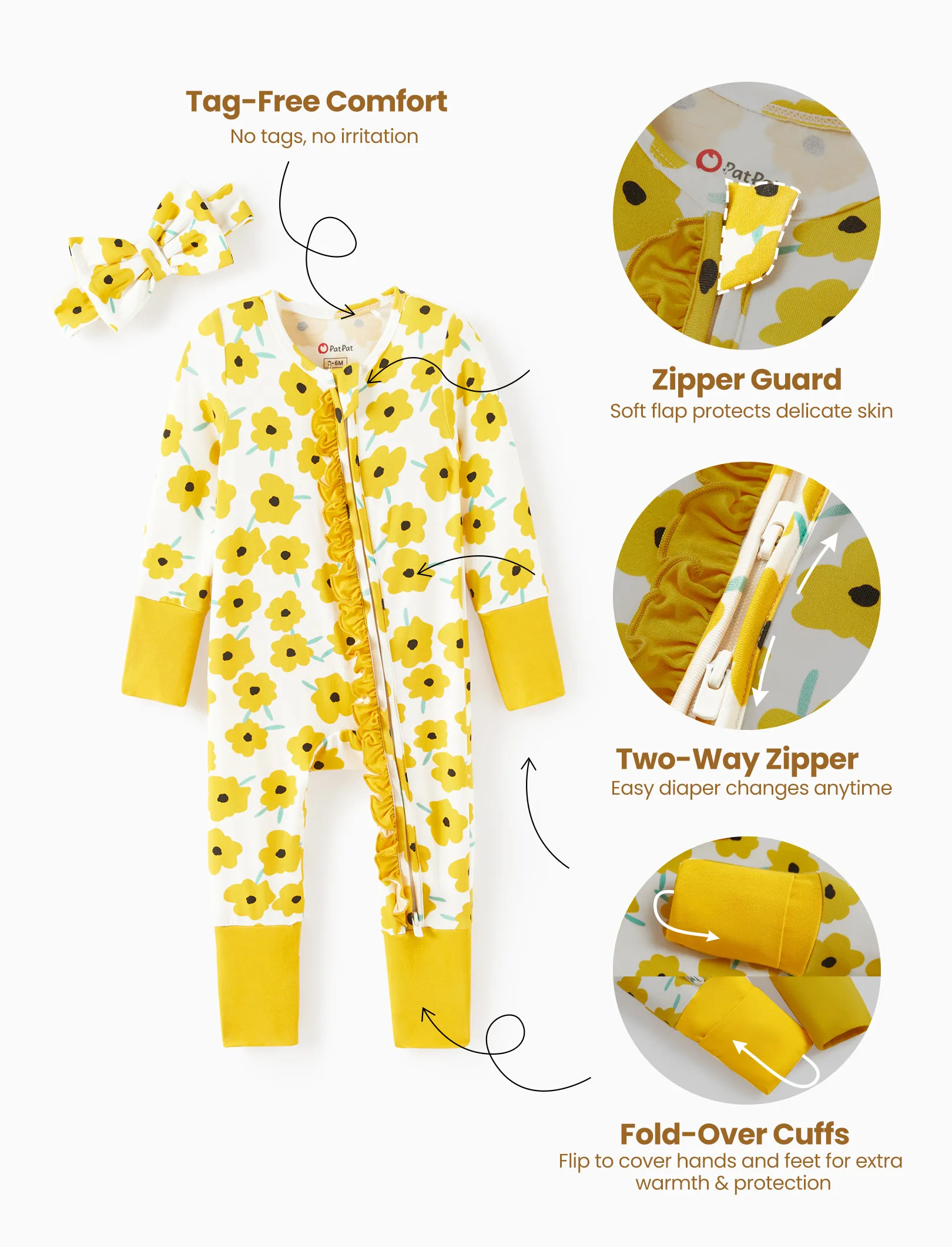 Bamboo Baby Boy/Girl Animal Printed 2-Way Zipper Anti Slip Long-sleeve Footie with/without Hairband Yellow - Image 7