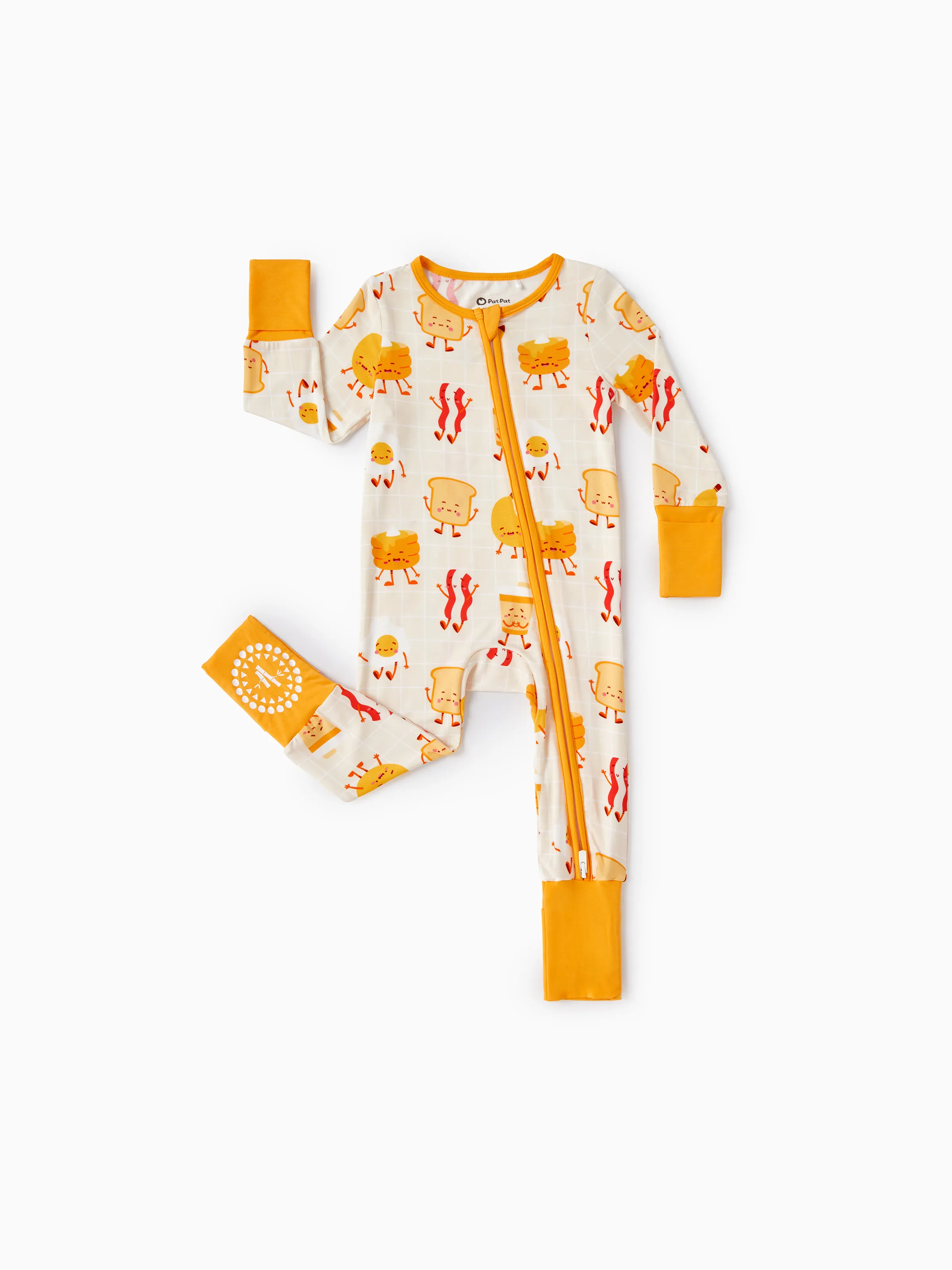 Bamboo Baby Boy/Girl Cartoon Printed 2-Way Zip Onesies Anti Slip Long-sleeve Footie Pale Yellow - Image 4