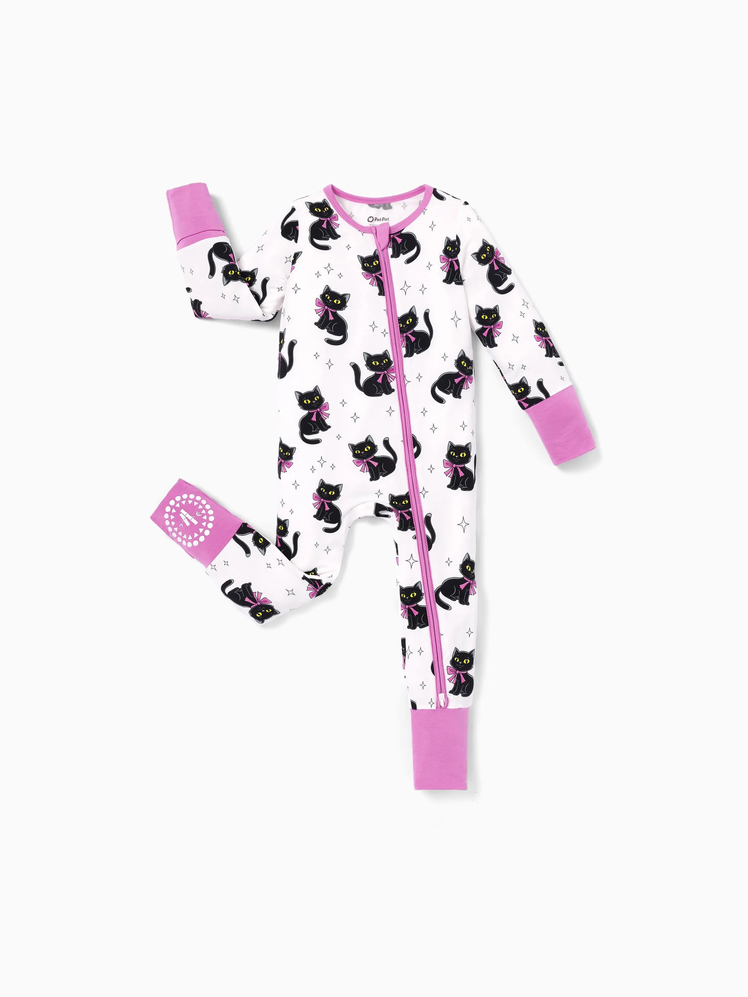 Bamboo Baby Boy/Girl Cartoon Printed 2-Way Zip Onesies Anti Slip Long-sleeve Footie Pink purple - Image 3