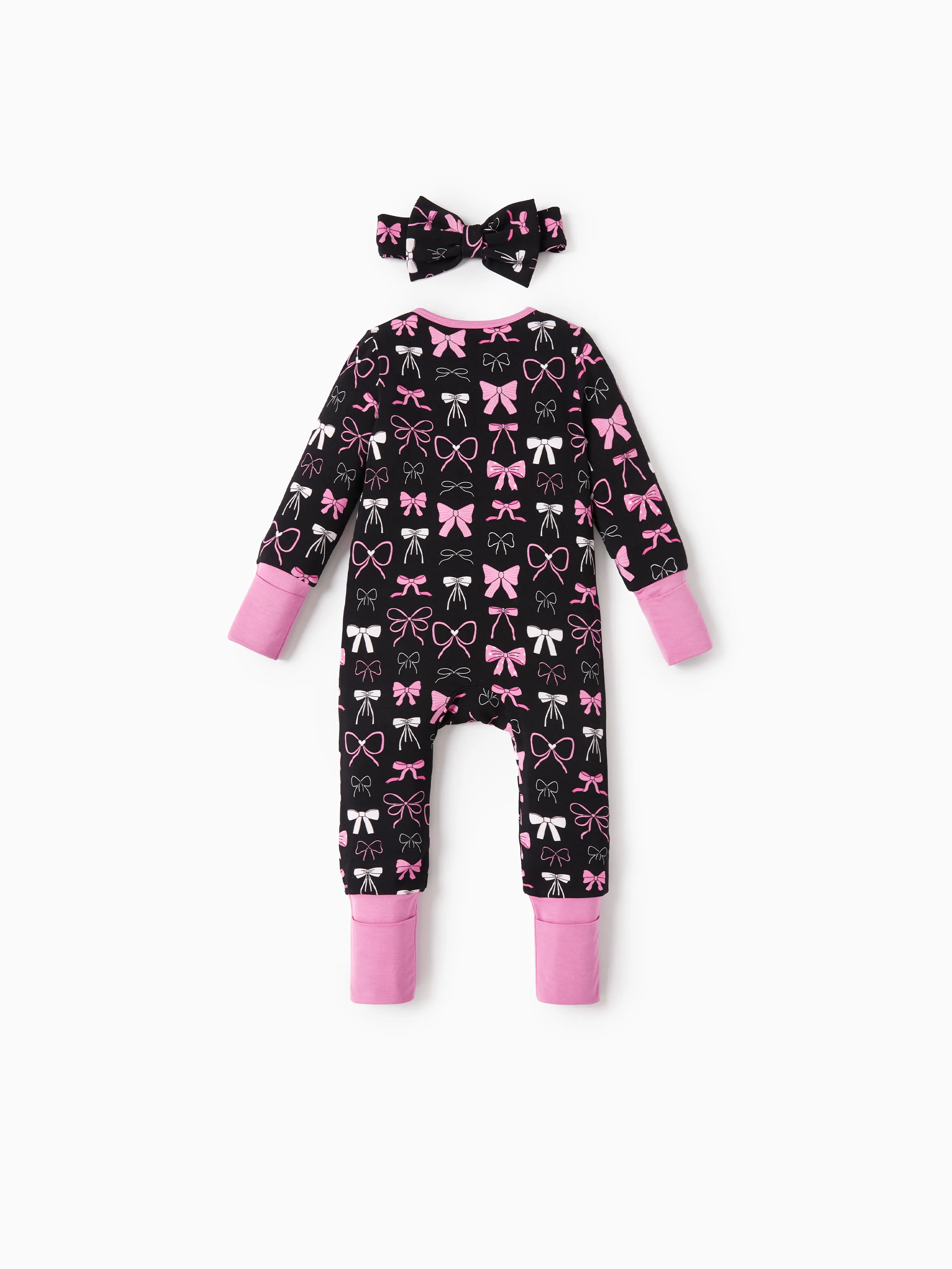 Bamboo Baby Girl Elegant Printed 2-Way Zip Onesies Anti Slip Long-sleeve Footie with Hairband Pink purple - Image 7