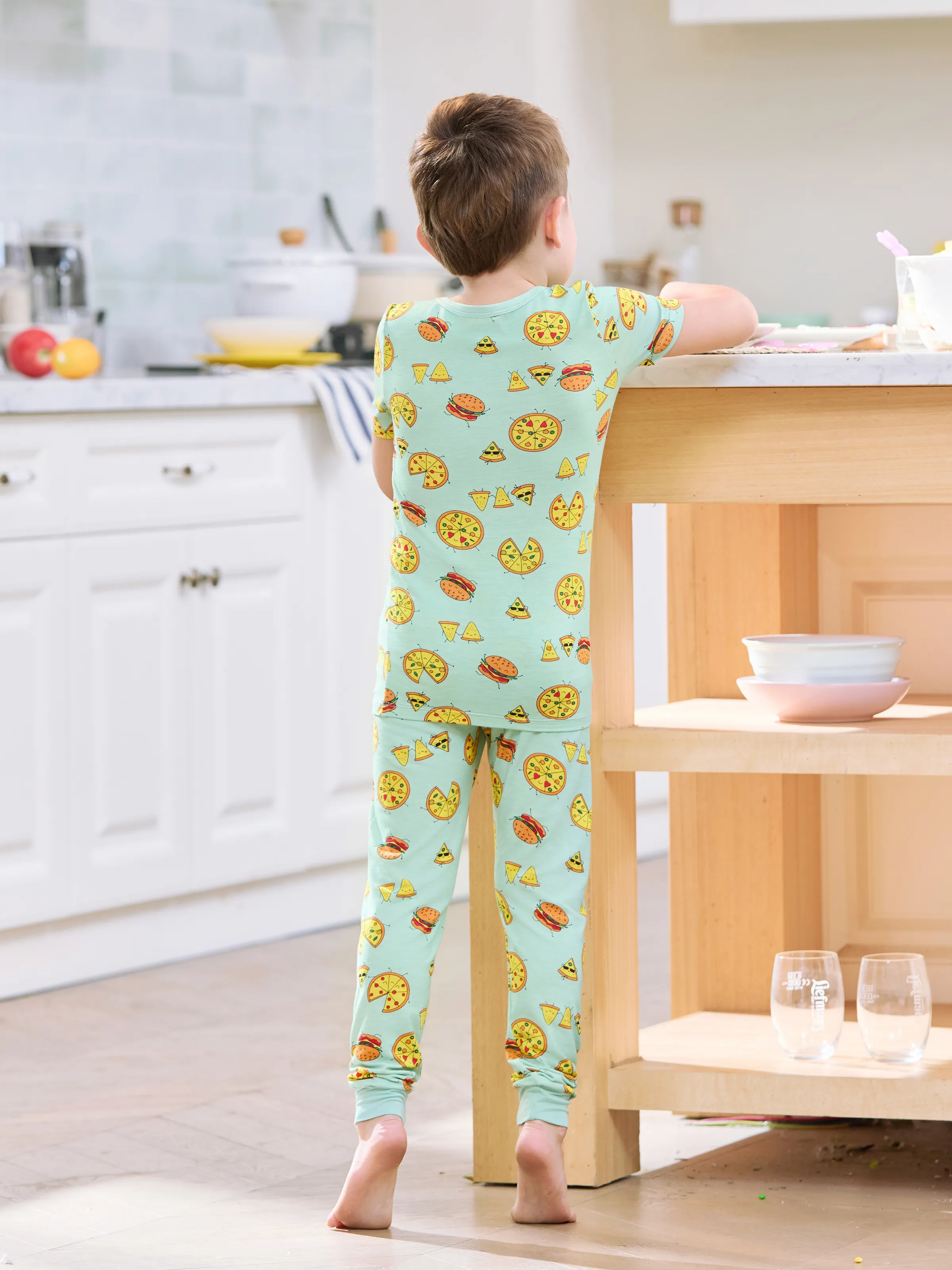 Bamboo Family Mint Green PJs Cute Cartoon Food Theme Print Short Sleeve & Long Pants Sleepwear Matching Pajama set (Snug-Fitting for Children) Light Blue - Image 10