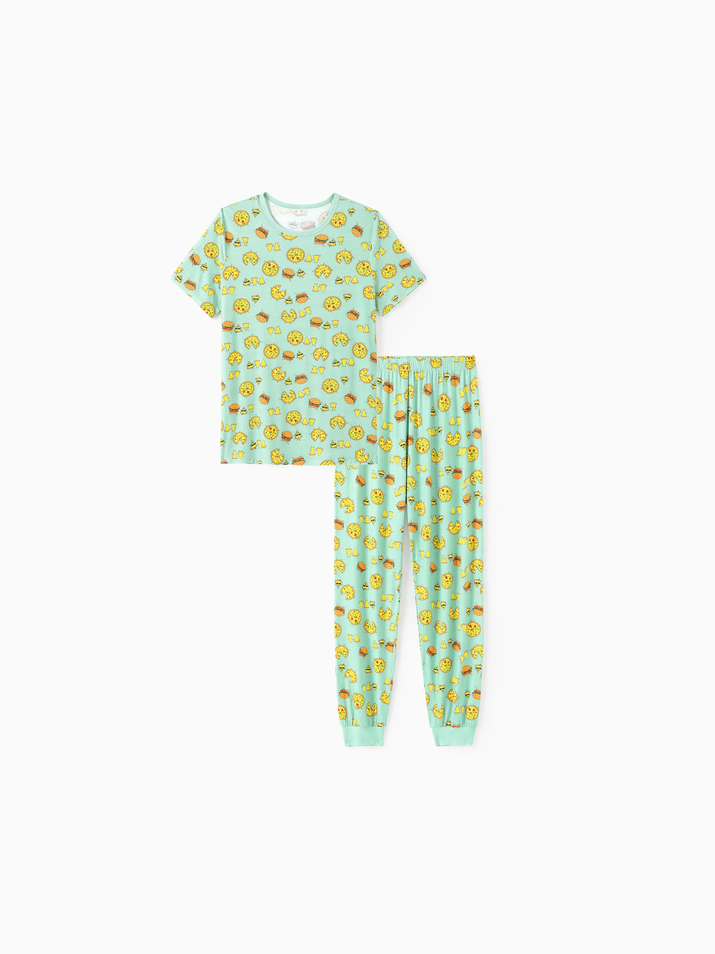 Bamboo Family Mint Green PJs Cute Cartoon Food Theme Print Short Sleeve & Long Pants Sleepwear Matching Pajama set (Snug-Fitting for Children) Light Blue - Image 5