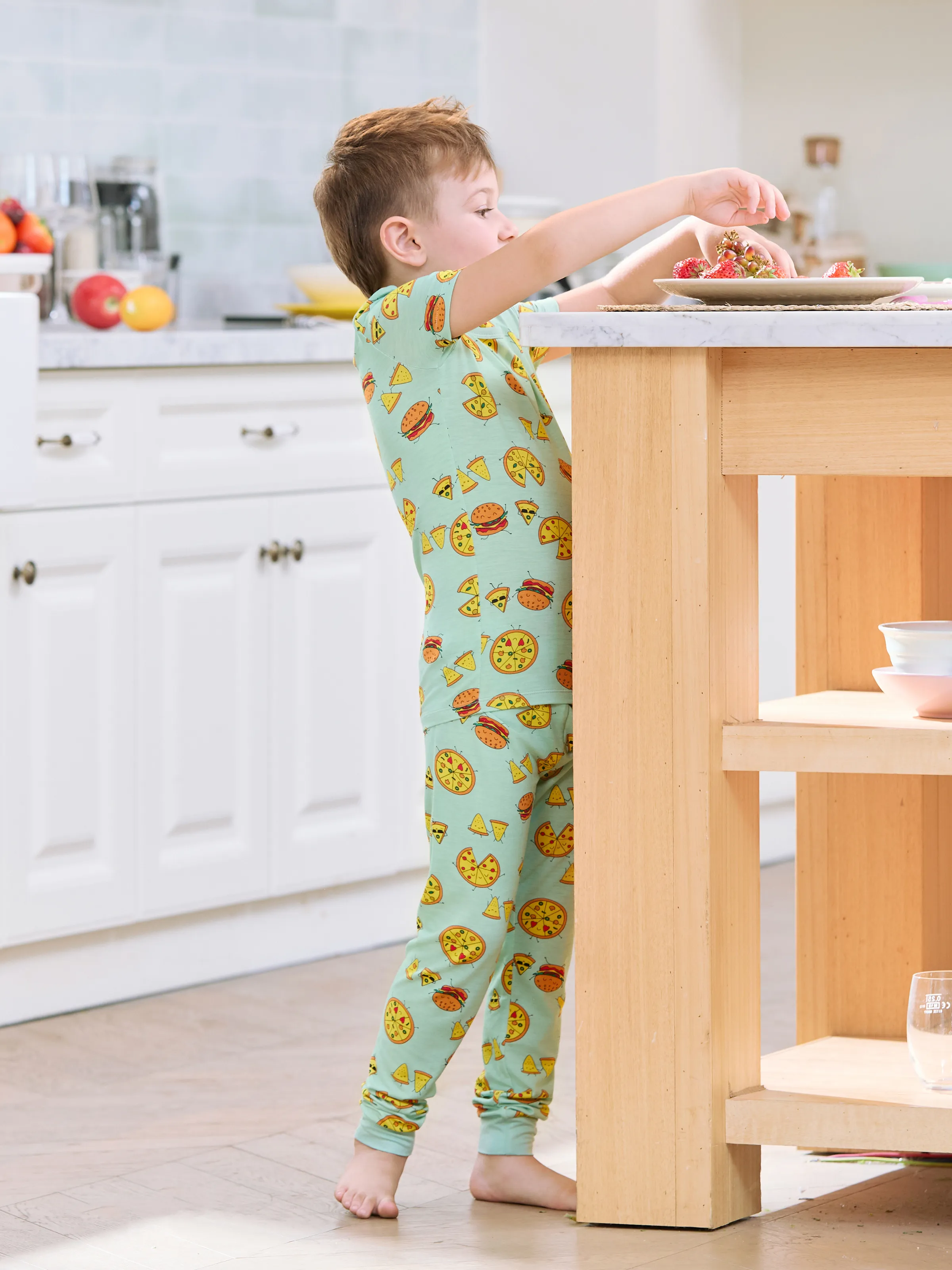 Bamboo Family Mint Green PJs Cute Cartoon Food Theme Print Short Sleeve & Long Pants Sleepwear Matching Pajama set (Snug-Fitting for Children) Light Blue - Image 9