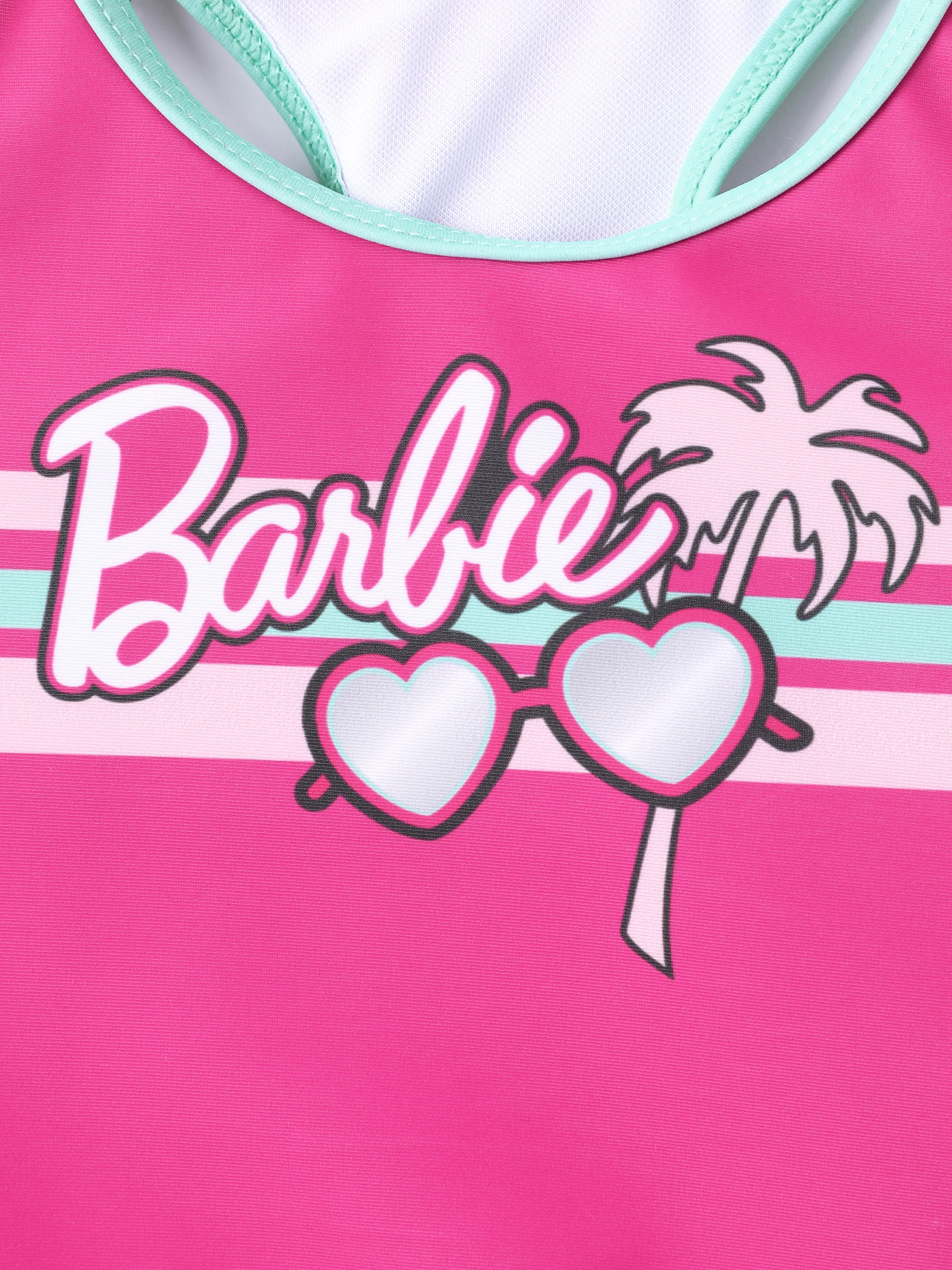 Barbie Toddler/Kid Girl 2pcs Striped Glasses Coconut Tree Print Colorblock Bowknot Tank Top And Shorts UPF 50+ Swimsuit Set Hot Pink - Image 2