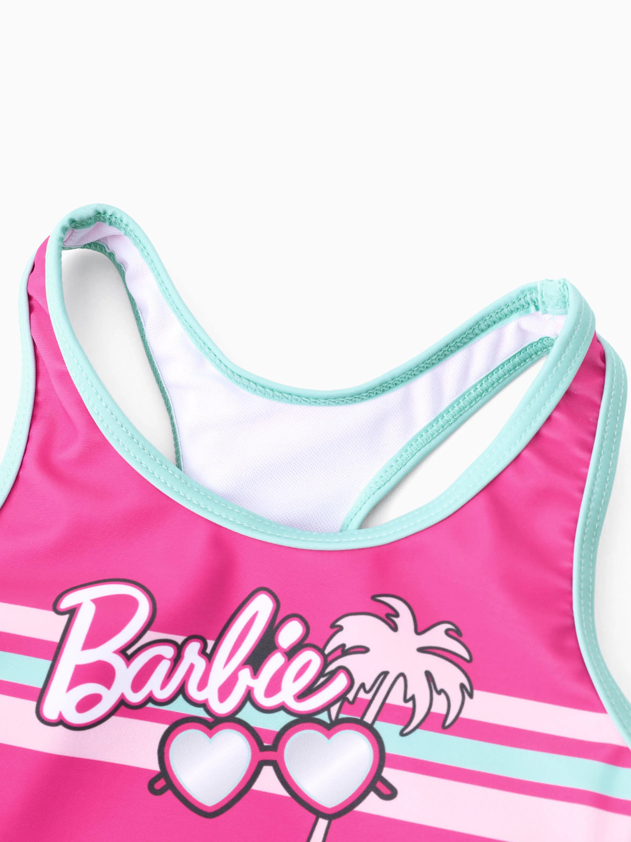 Barbie Toddler/Kid Girl 2pcs Striped Glasses Coconut Tree Print Colorblock Bowknot Tank Top And Shorts UPF 50+ Swimsuit Set Hot Pink - Image 4