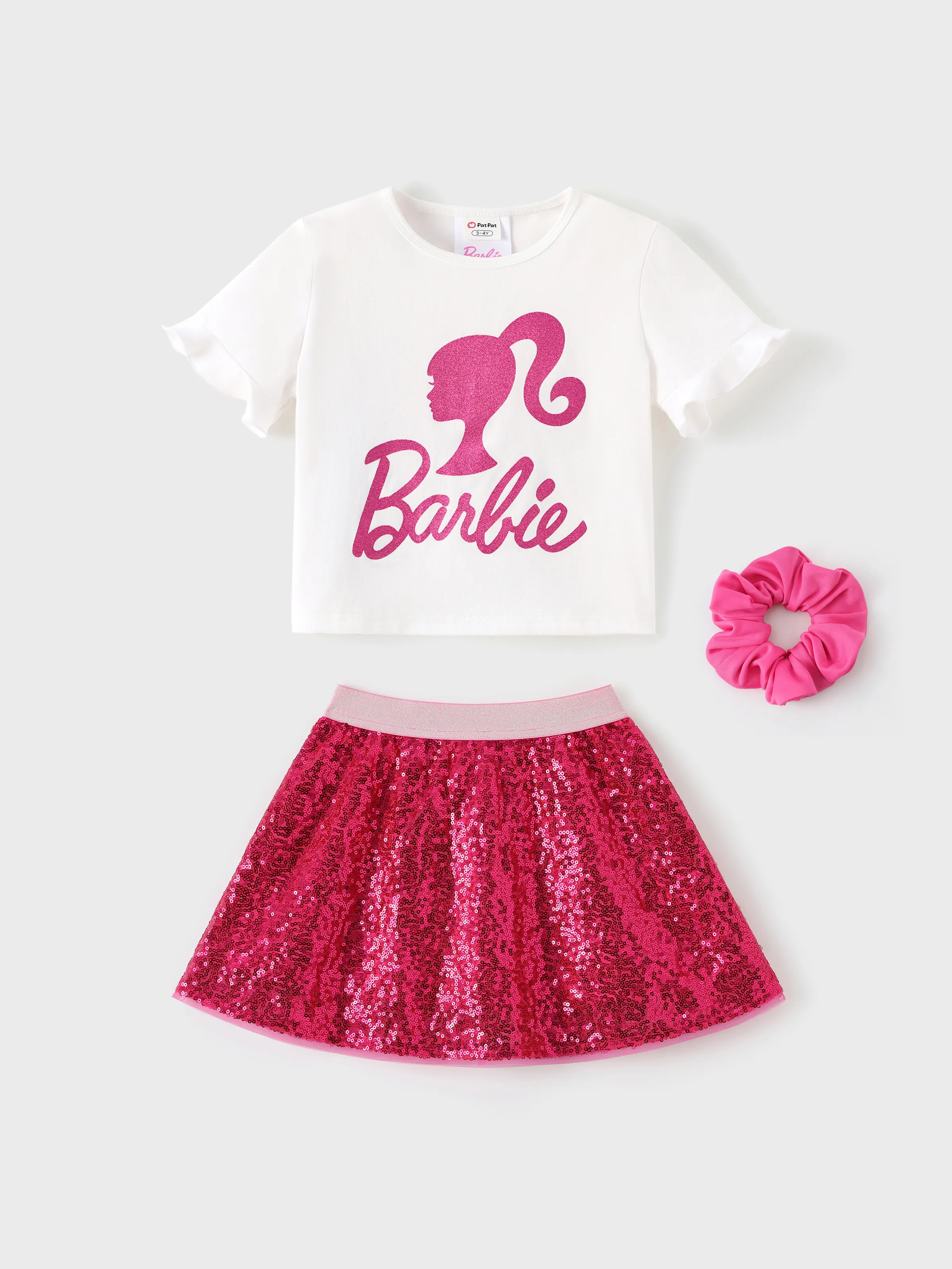 Barbie Toddler/Kid Girl 3pcs Cotton Top and Sequin embroidery Skirt with Headband Set Hot Pink - Image 3