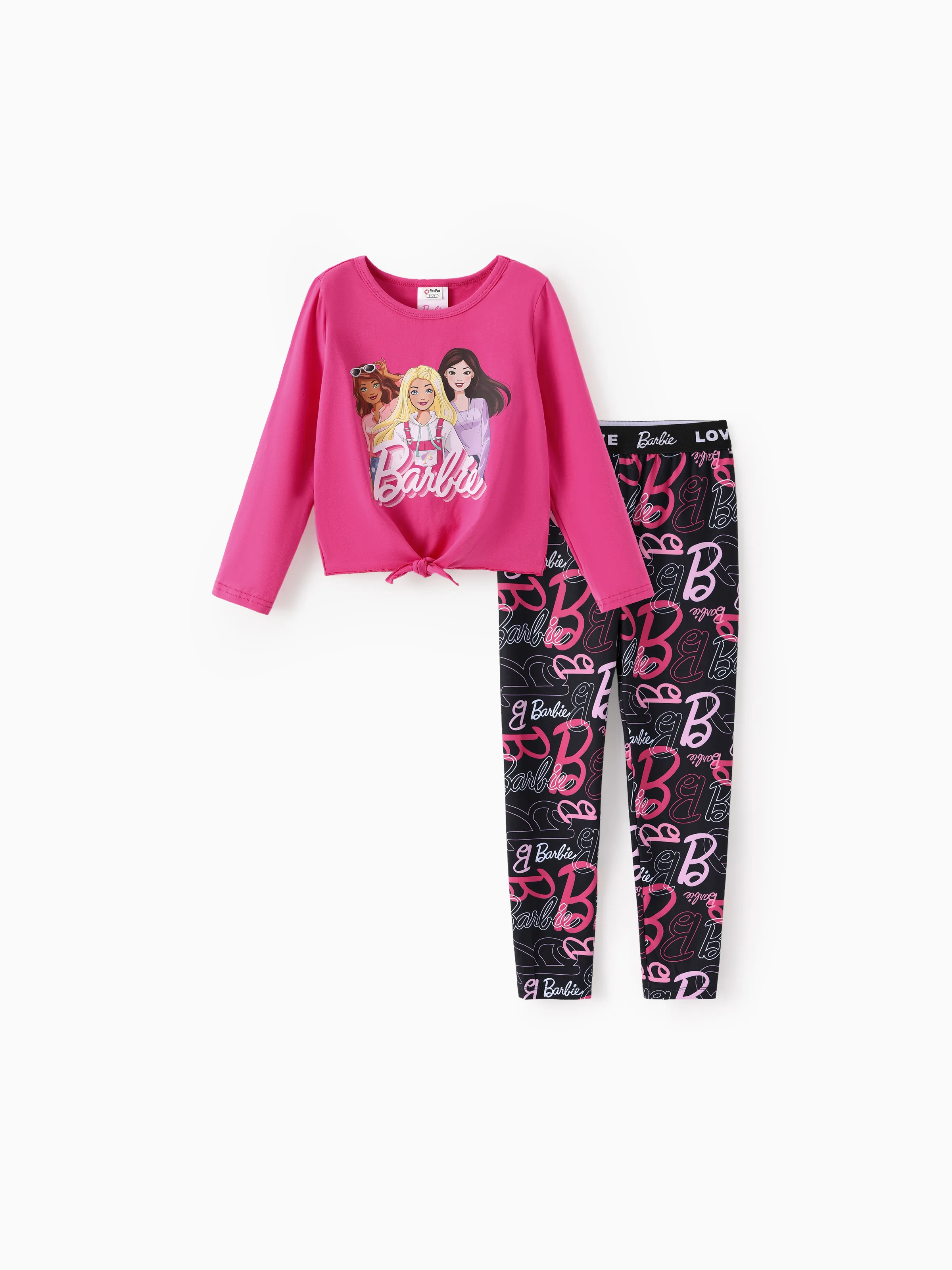 Barbie Toddler/Kids Girl 2pcs Chic Hem Cotton Long-sleeve Top and Leopard Pants Set Hot Pink - Image 3