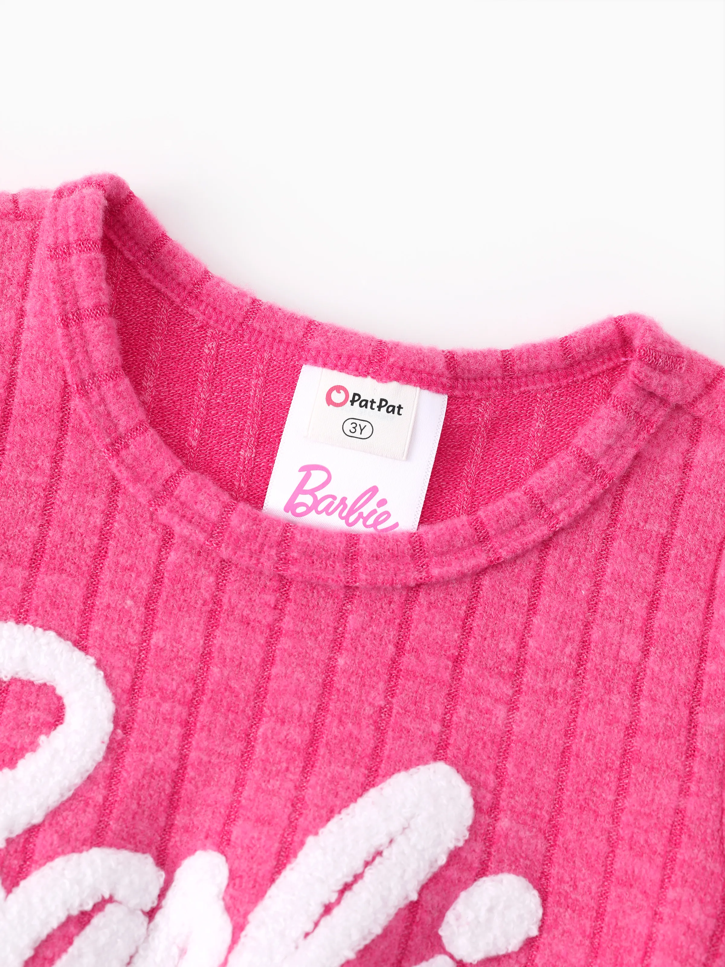 Barbie Toddler/Kids Girl Ribbed Knit Fabric Terry Embroidery Dress Hot Pink - Image 4