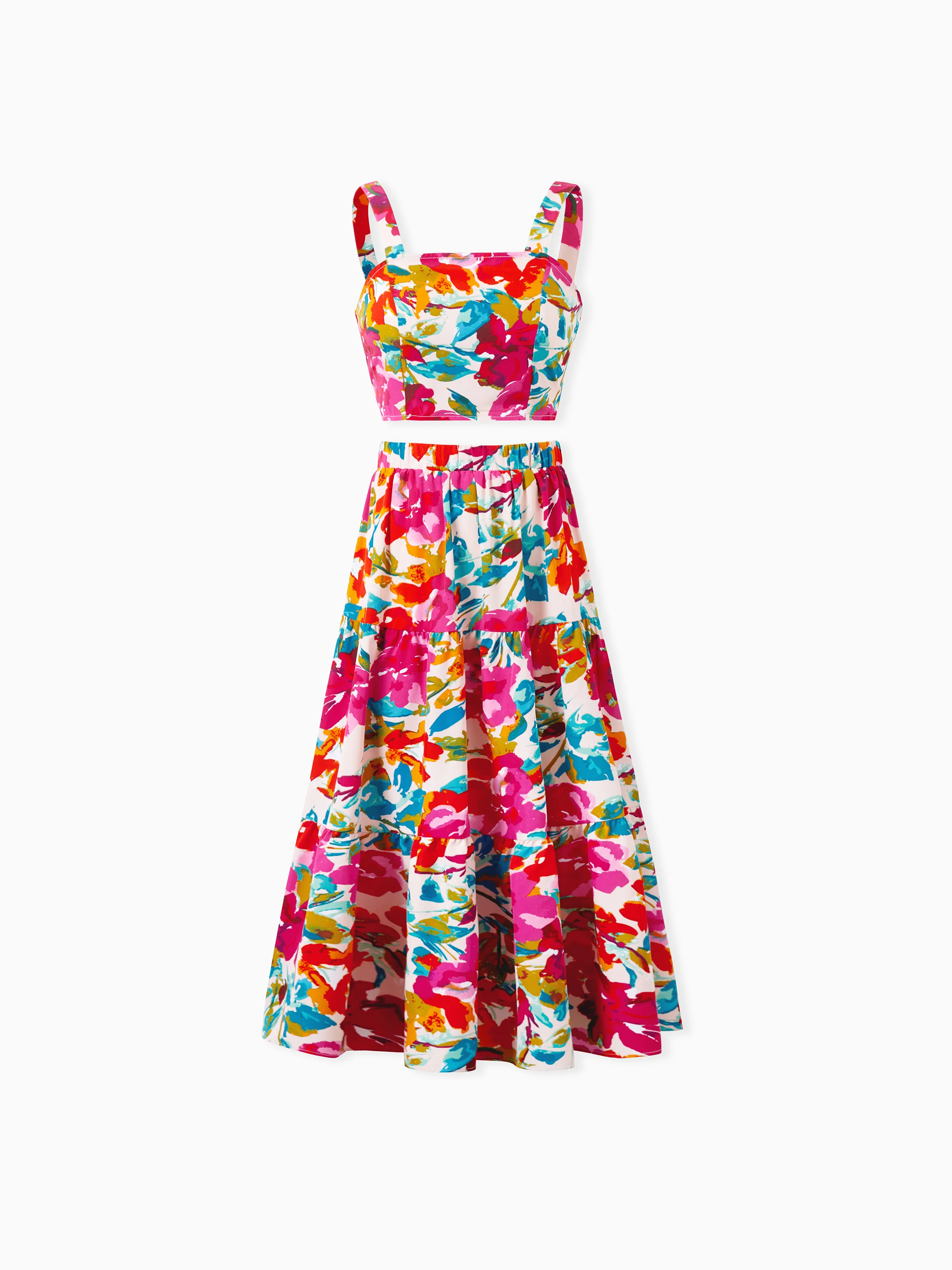 Colorful Mommy & me Outfits Sleeveless Strap Top and Skirt Co-ord Set & Shirt Sets Summer Vacation Clothe for Beach, Photoshoots, Travel Hot Pink - Image 6