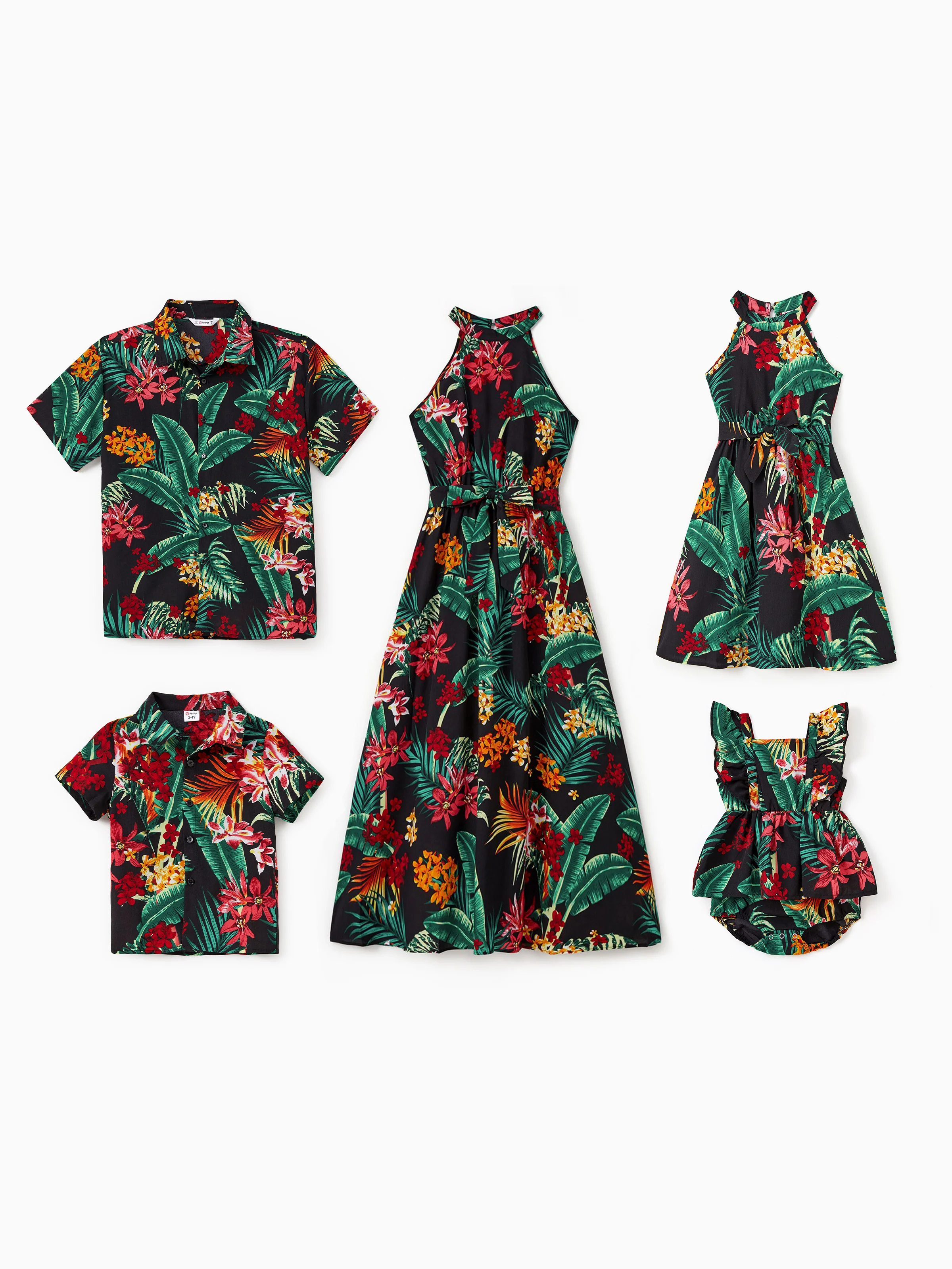 Daddy and Me Family Matching Allover Plant Floral Print Halterneck Dresses and Short-sleeve Shirts Sets Black - Image 3