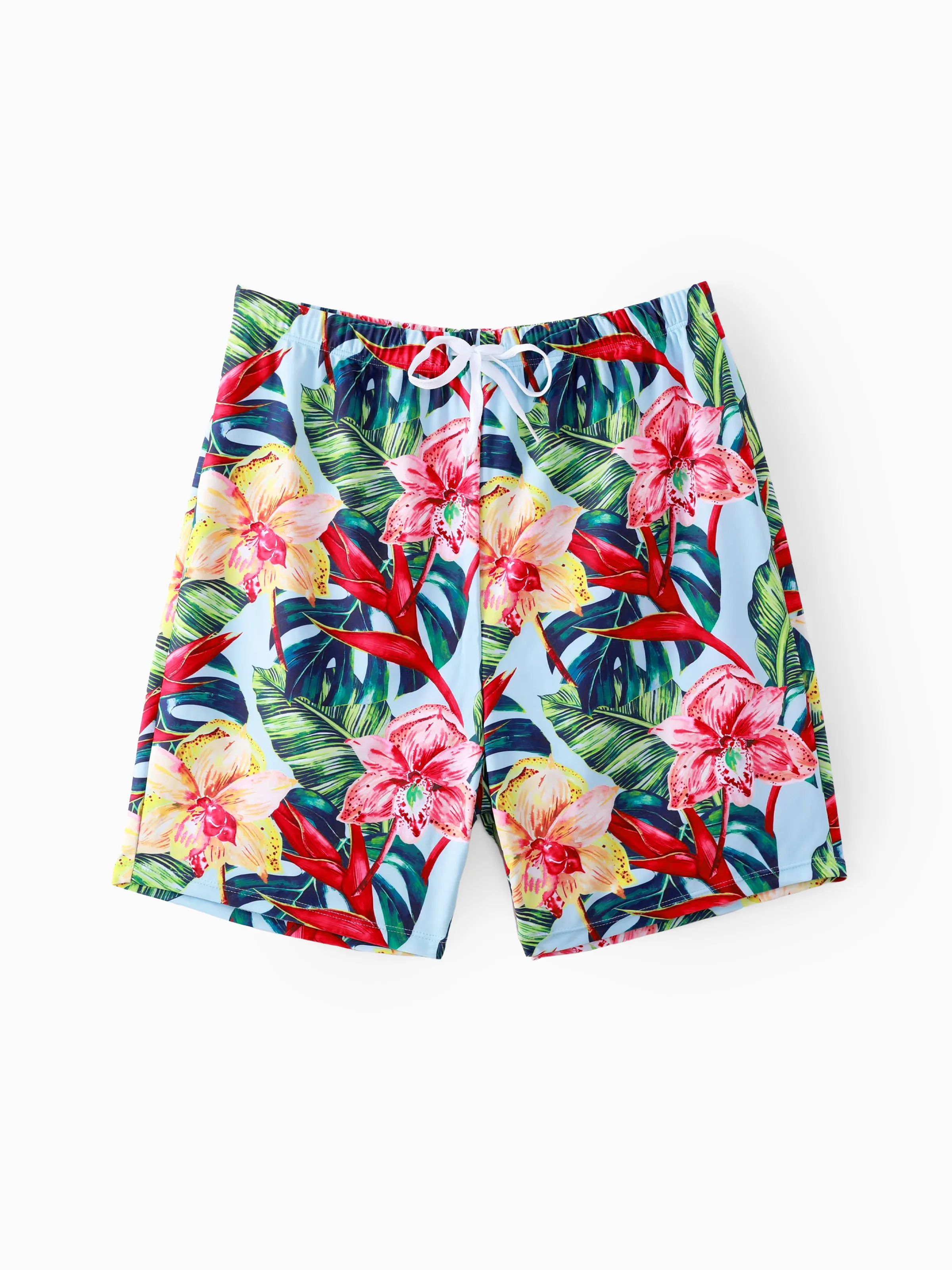 Daddy and Me Family Matching Floral Drawstring Swim Trunks or Ruched Shell Edge Bikini with Optional Swim Cover Up Red - Image 4