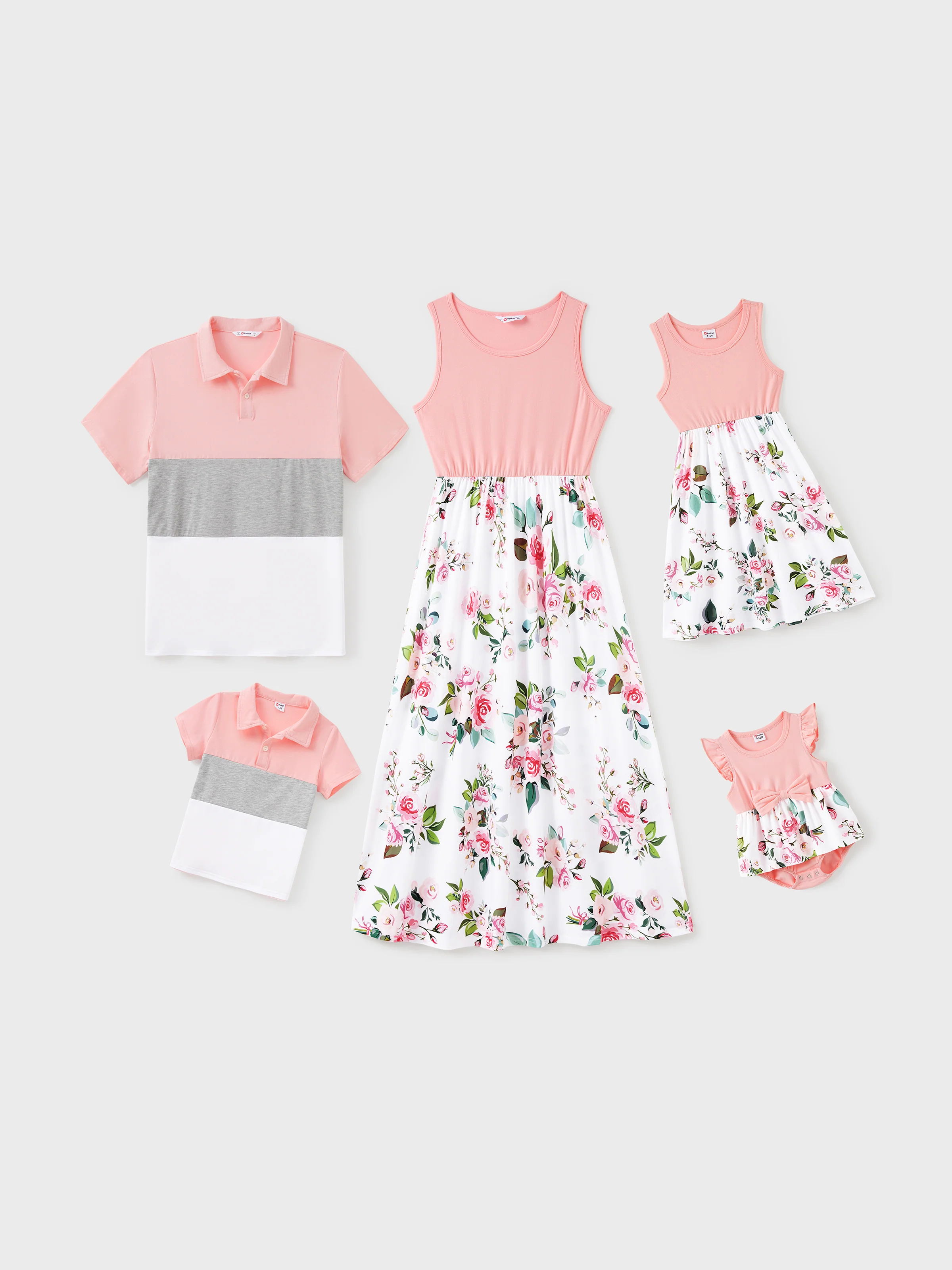 Mommy and Me Family Matching Pink Sleeveless Splicing Floral Print Midi Dresses and Colorblock Short-sleeve Polo Shirts Sets Pink - Image 2
