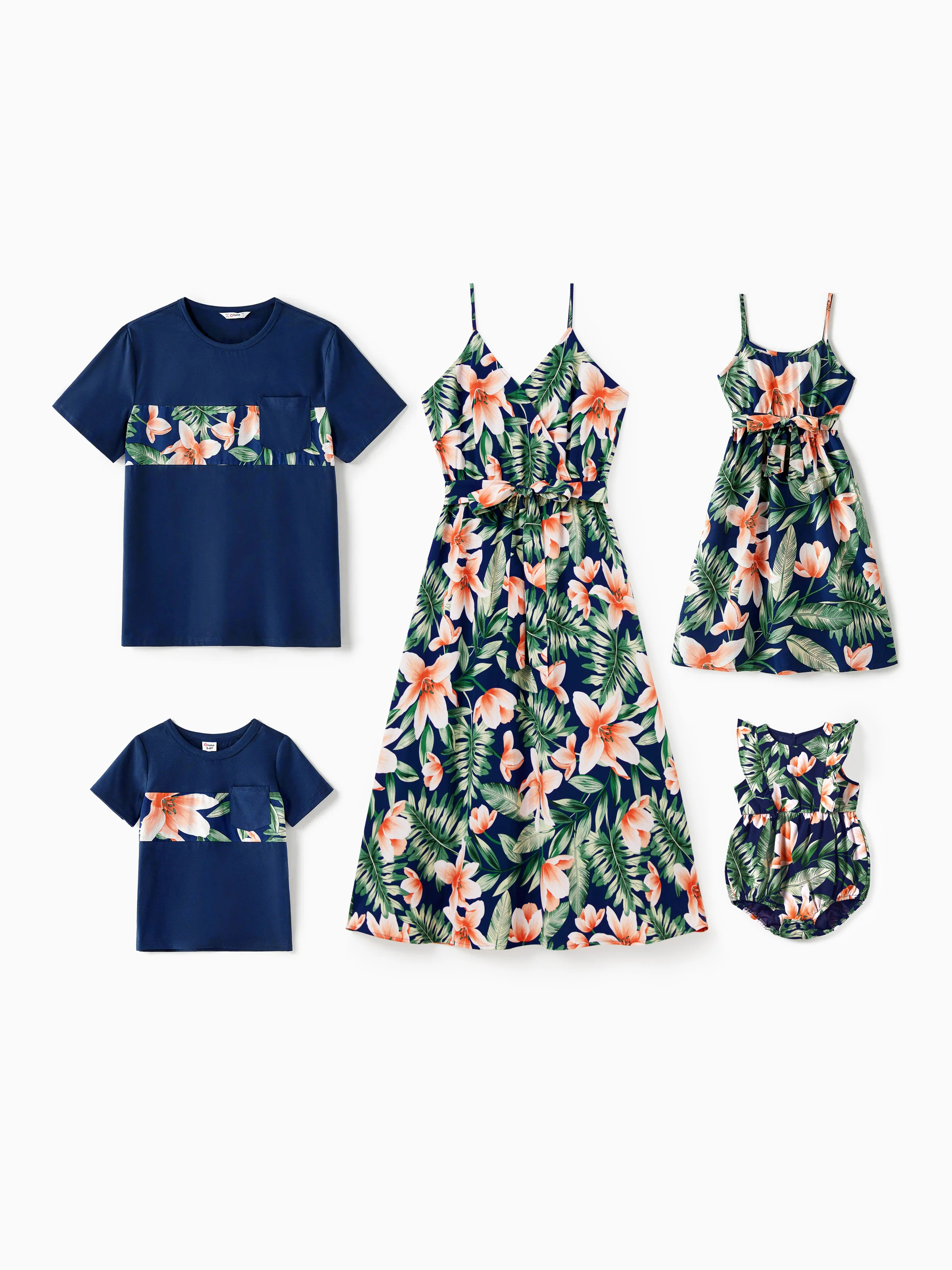 Daddy and Me Family Matching Sets Floral Panel Short-sleeve T-shirts or All Over Floral Print V Neck Spaghetti Strap Midi Dresses with Hidden Snap royalblue - Image 3