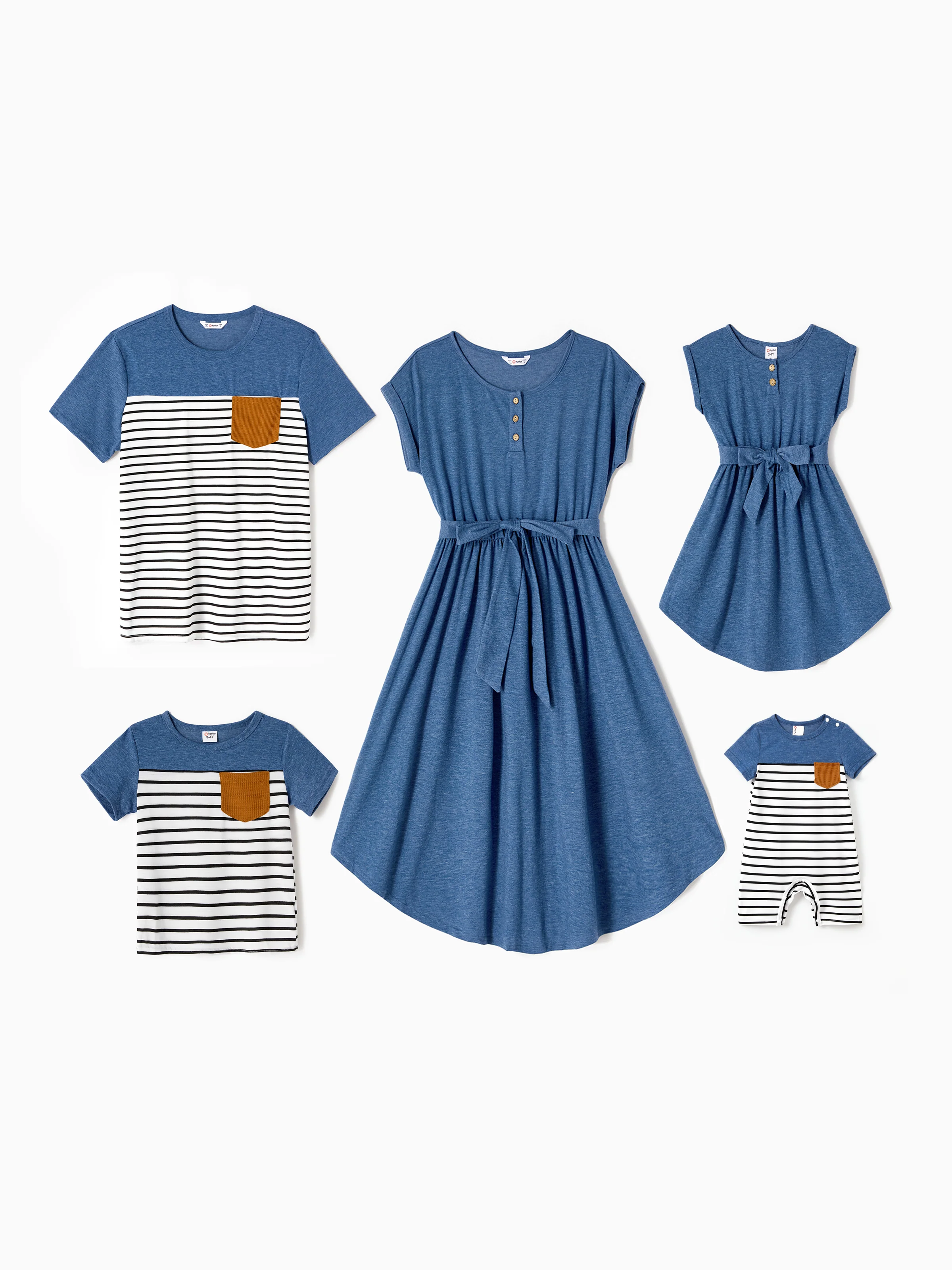 Mommy and Me Family Matching Soft Casual Outfit with Below Knee Dresses, Front Buttons, Belted Design Blue - Image 2