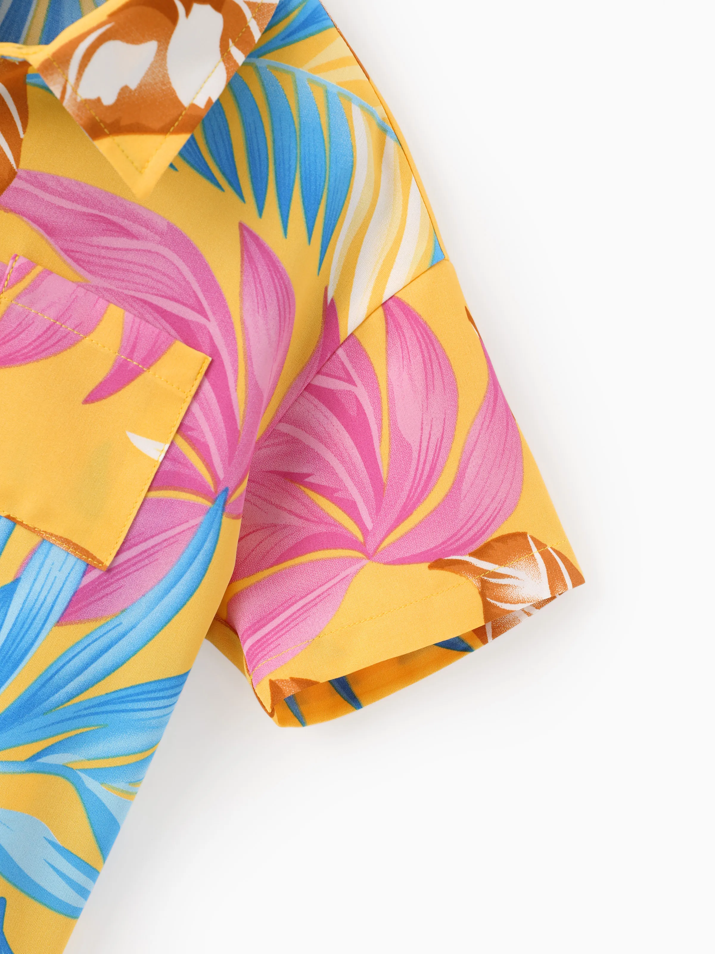 Daddy and Me Family Matching Yellow Set Tropical Leaf Print Short-sleeve Shirt or Strap Dress  Yellow - Image 11