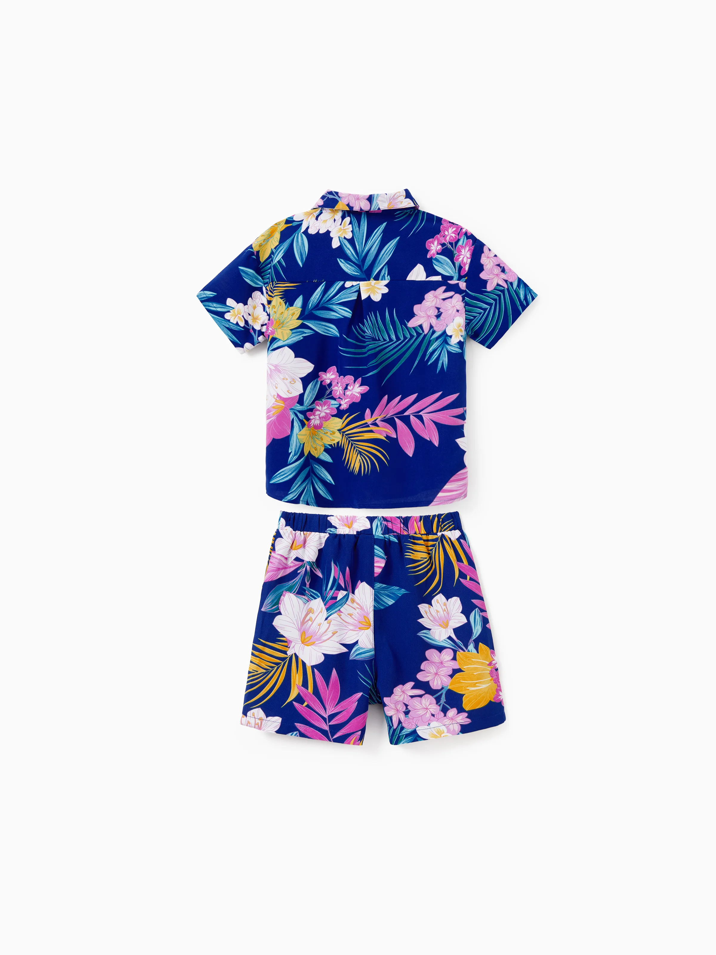 Daddy and Me Matching Family Hawaiian Outfits Tropical Floral Print Strap Dress or Short-sleeve Shirts & Shorts Set Summer Beachwear Set for Vacation  Deep Blue - Image 13