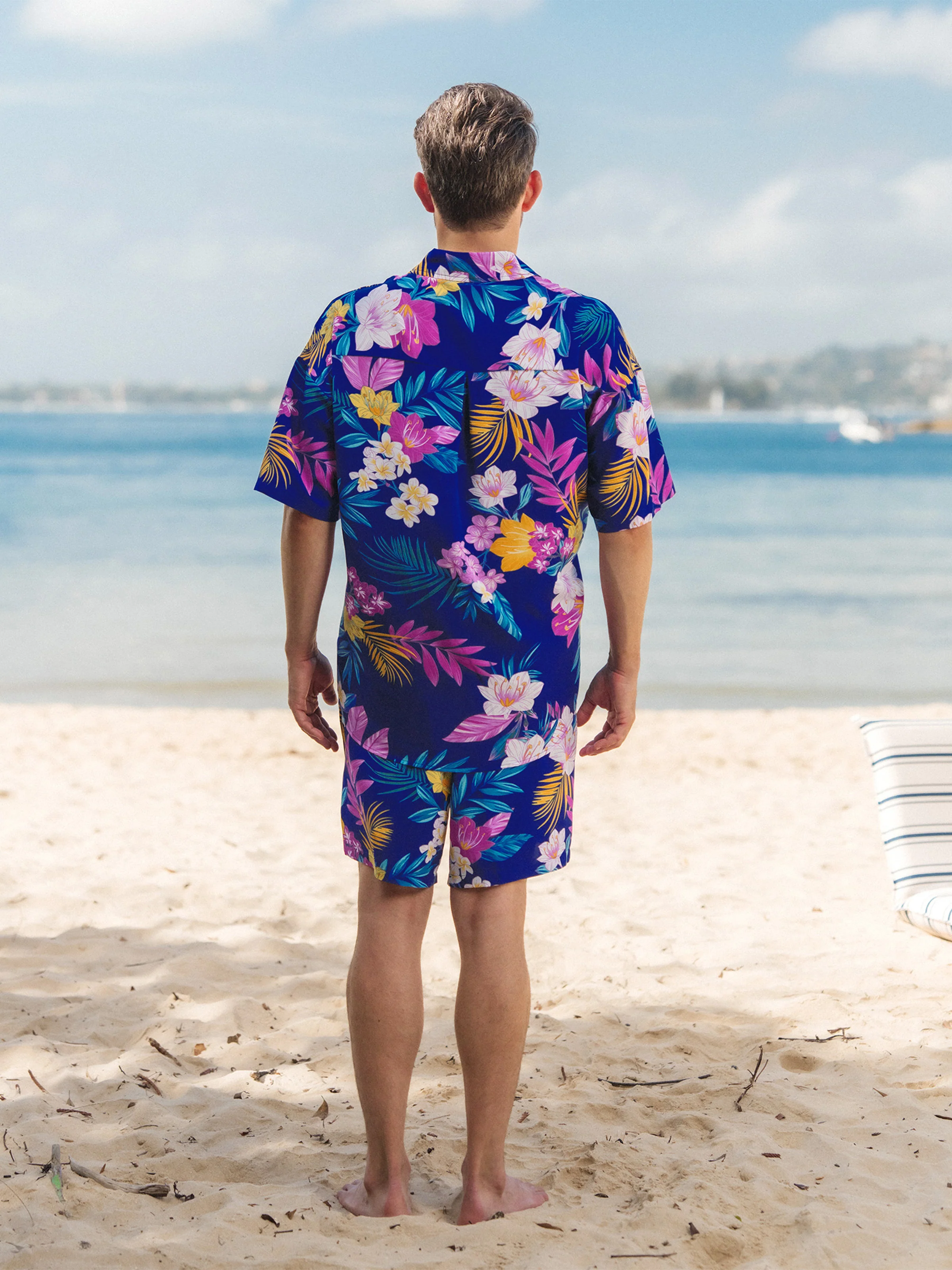 Daddy and Me Matching Family Hawaiian Outfits Tropical Floral Print Strap Dress or Short-sleeve Shirts & Shorts Set Summer Beachwear Set for Vacation  Deep Blue - Image 4