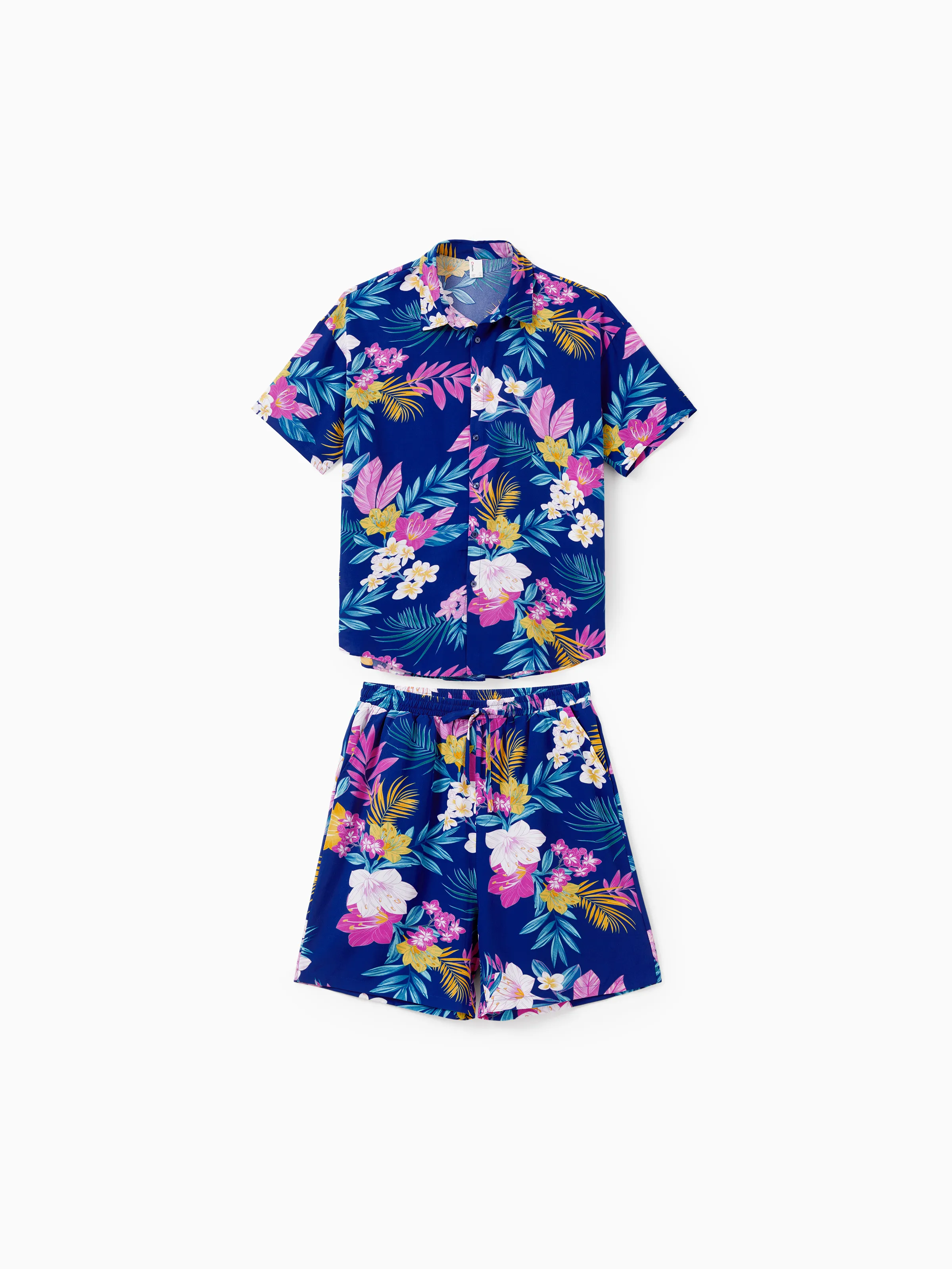 Daddy and Me Matching Family Hawaiian Outfits Tropical Floral Print Strap Dress or Short-sleeve Shirts & Shorts Set Summer Beachwear Set for Vacation  Deep Blue - Image 5