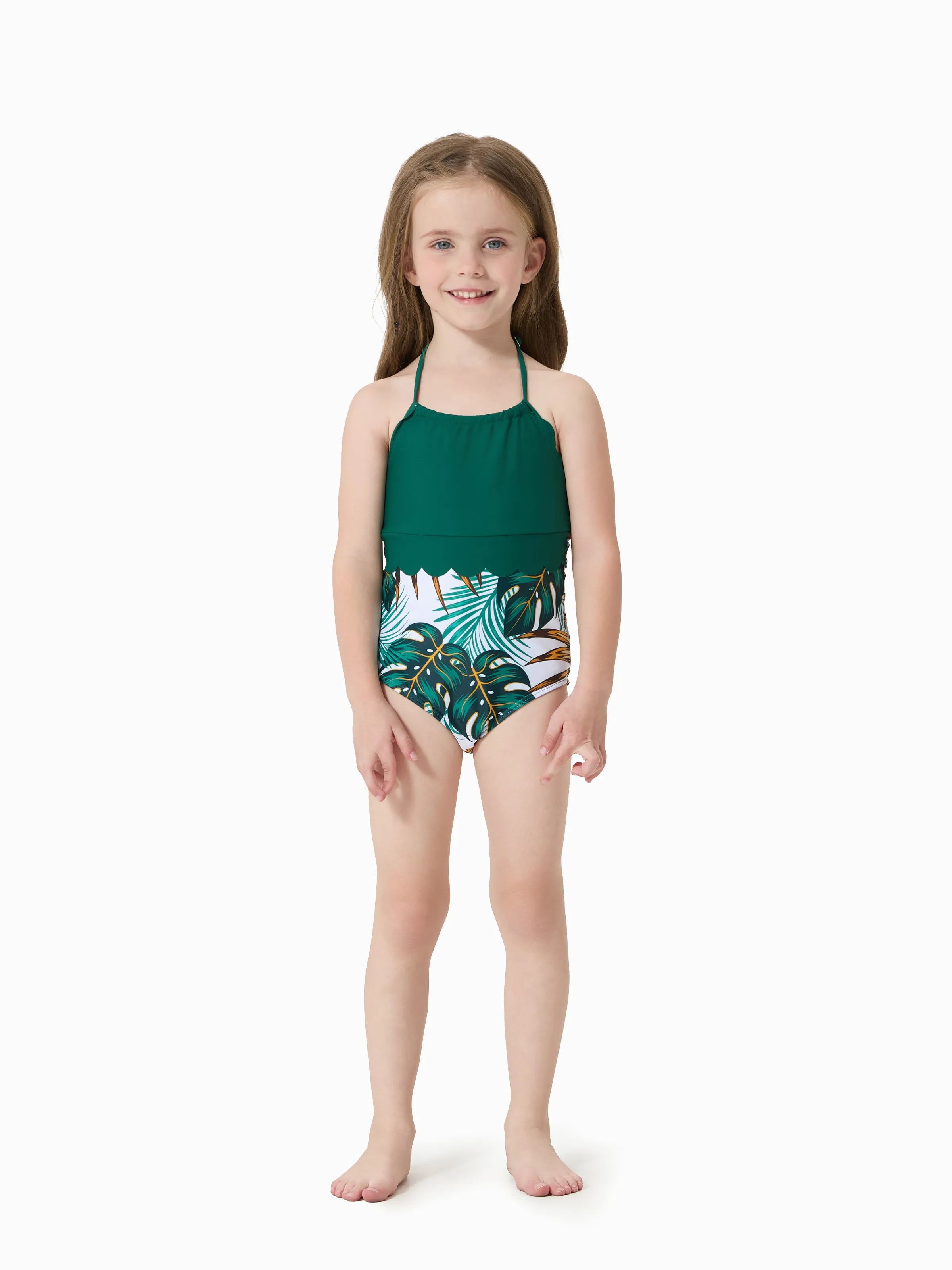 Daddy & Daughter Allover Plants Print Swim Trunks Shorts and Spaghetti Strap Splicing One-Piece Swimsuit Dark Green - Image 8