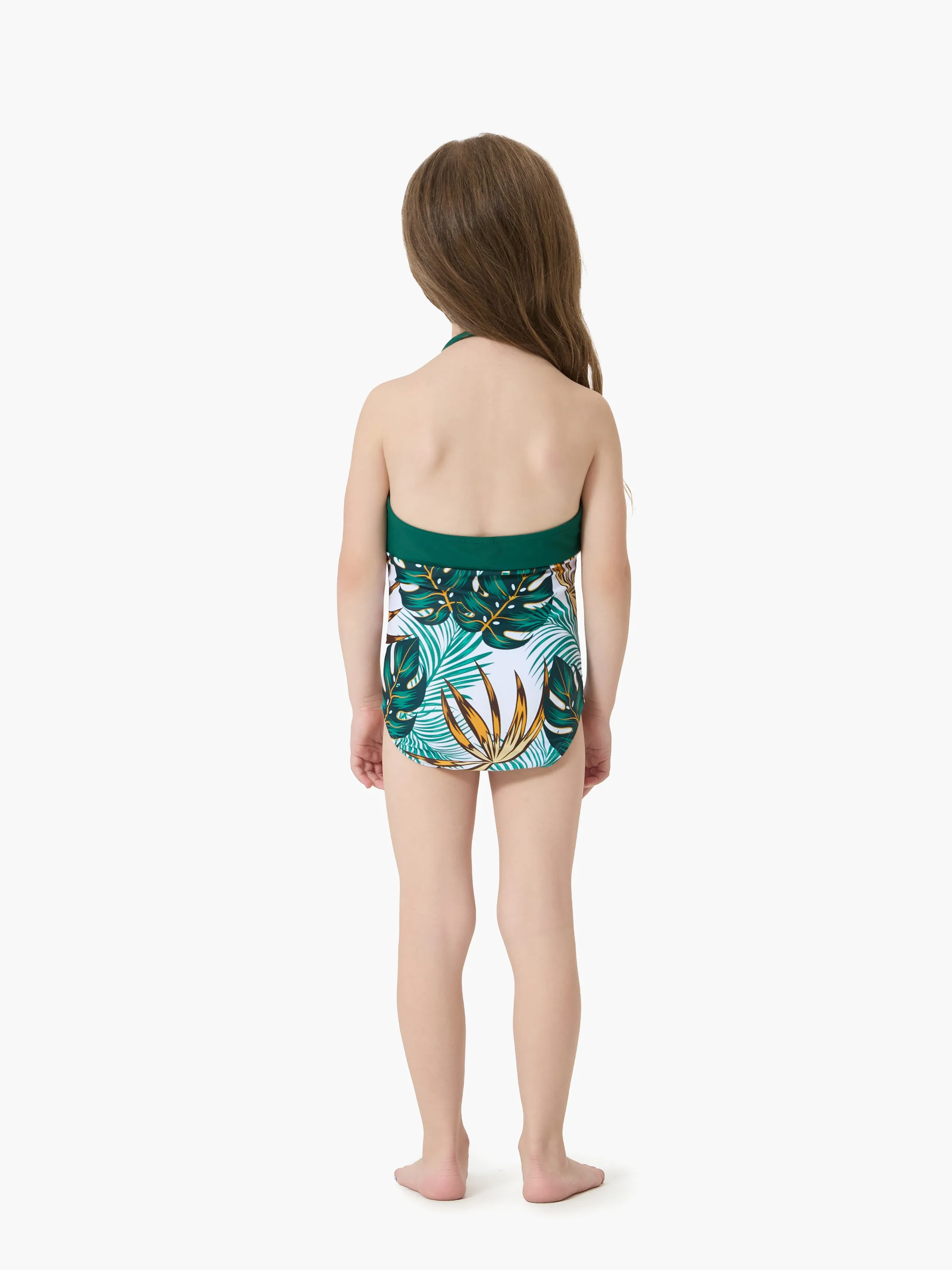 Daddy & Daughter Allover Plants Print Swim Trunks Shorts and Spaghetti Strap Splicing One-Piece Swimsuit Dark Green - Image 9