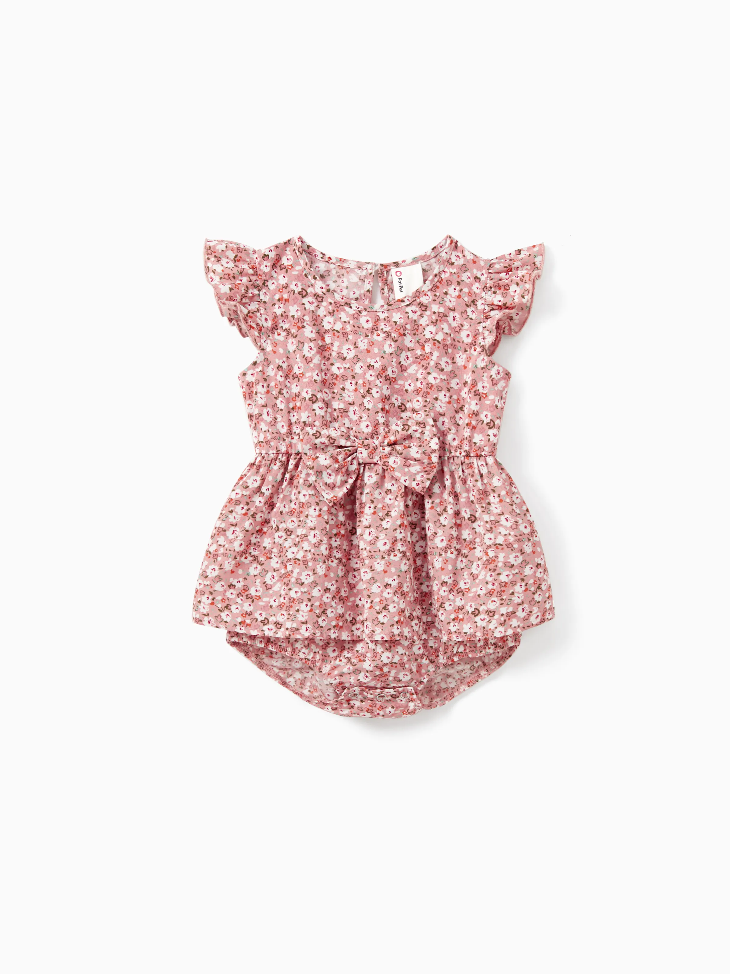 Daddy & Daughter Blue Cotton Colorblock Tee Shirt or Flora Print Smocking Puff-sleeve Dress Set Pink - Image 13