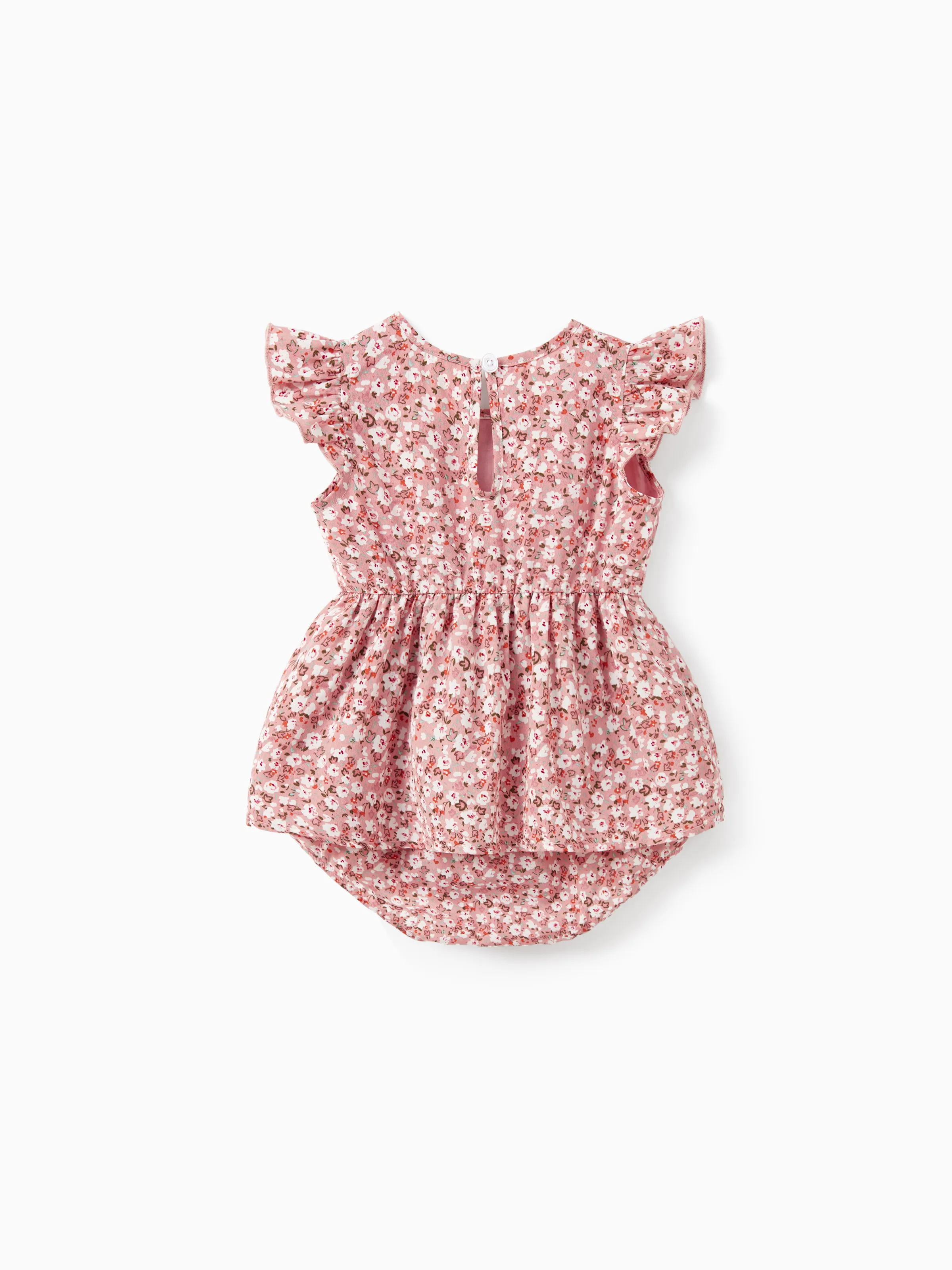 Daddy & Daughter Blue Cotton Colorblock Tee Shirt or Flora Print Smocking Puff-sleeve Dress Set Pink - Image 14