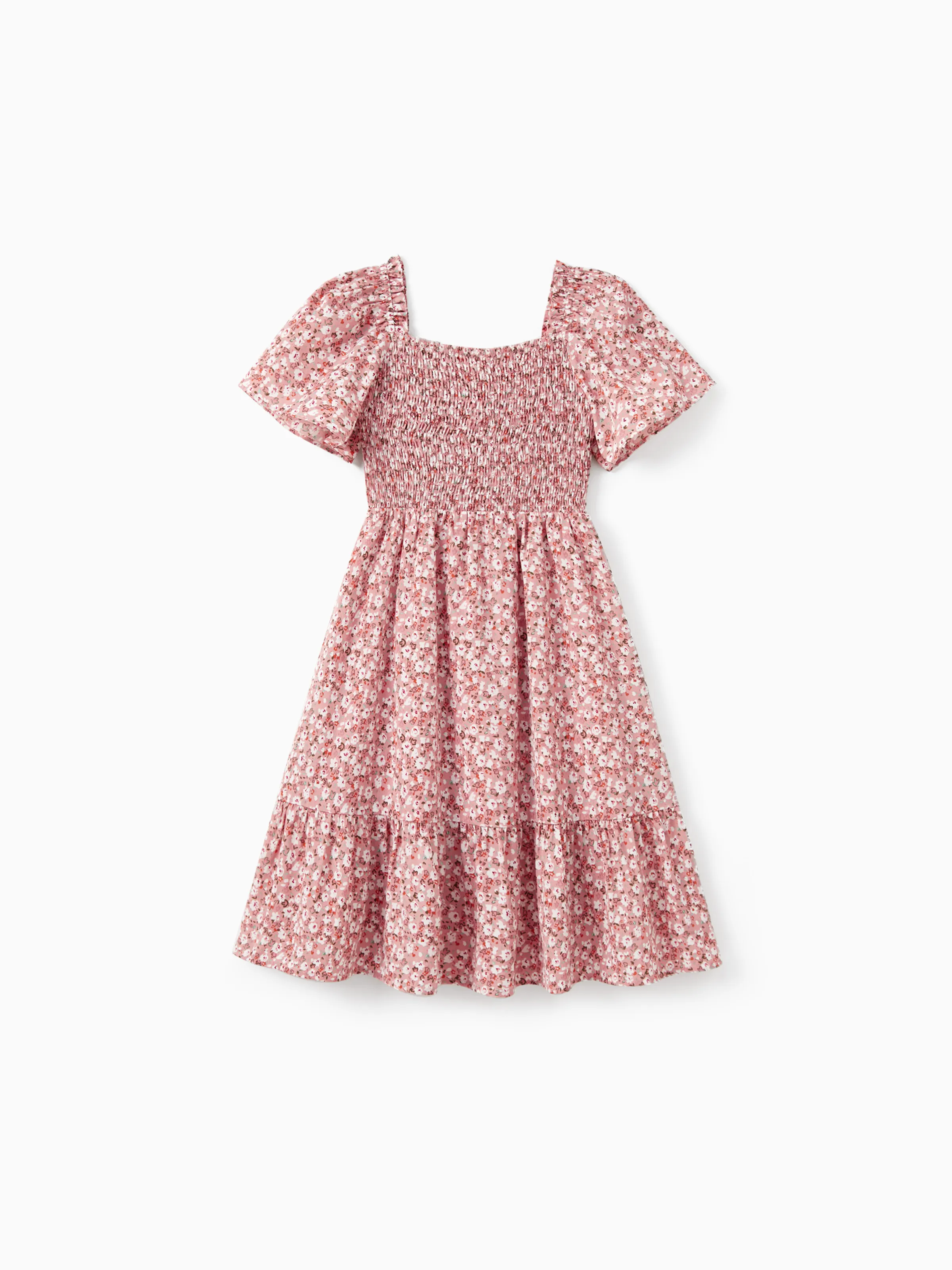 Daddy & Daughter Blue Cotton Colorblock Tee Shirt or Flora Print Smocking Puff-sleeve Dress Set Pink - Image 8