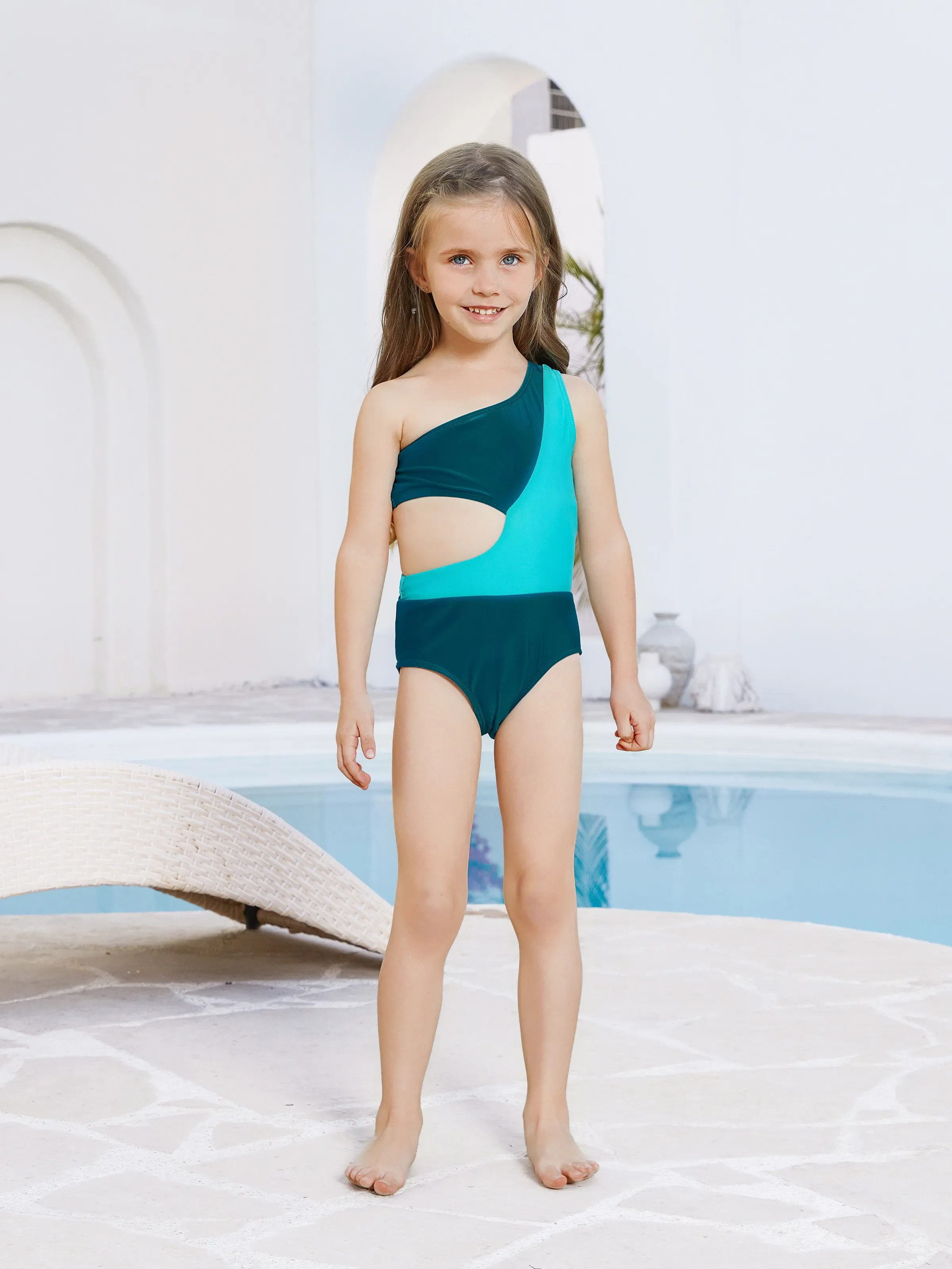 Daddy & Daughter Colorblock One Shoulder Cut Out One-piece Swimsuit and Striped Spliced Swim Trunks Shorts DeepTurquoise - Image 8
