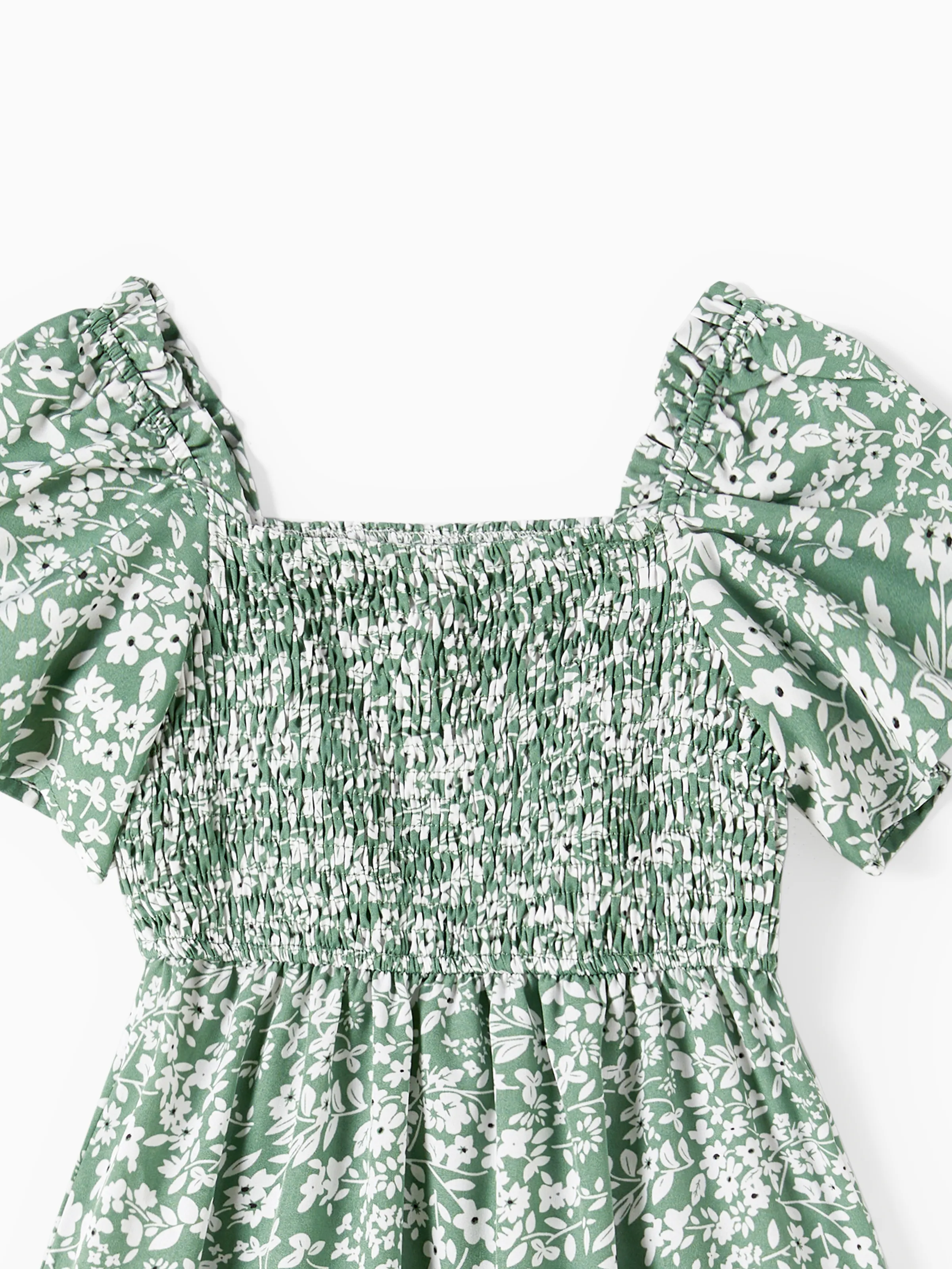 Daddy & Daughter Elegant Broken Flower Matching Outfits for Family, Smocking Design, Medium Thickness Green - Image 11