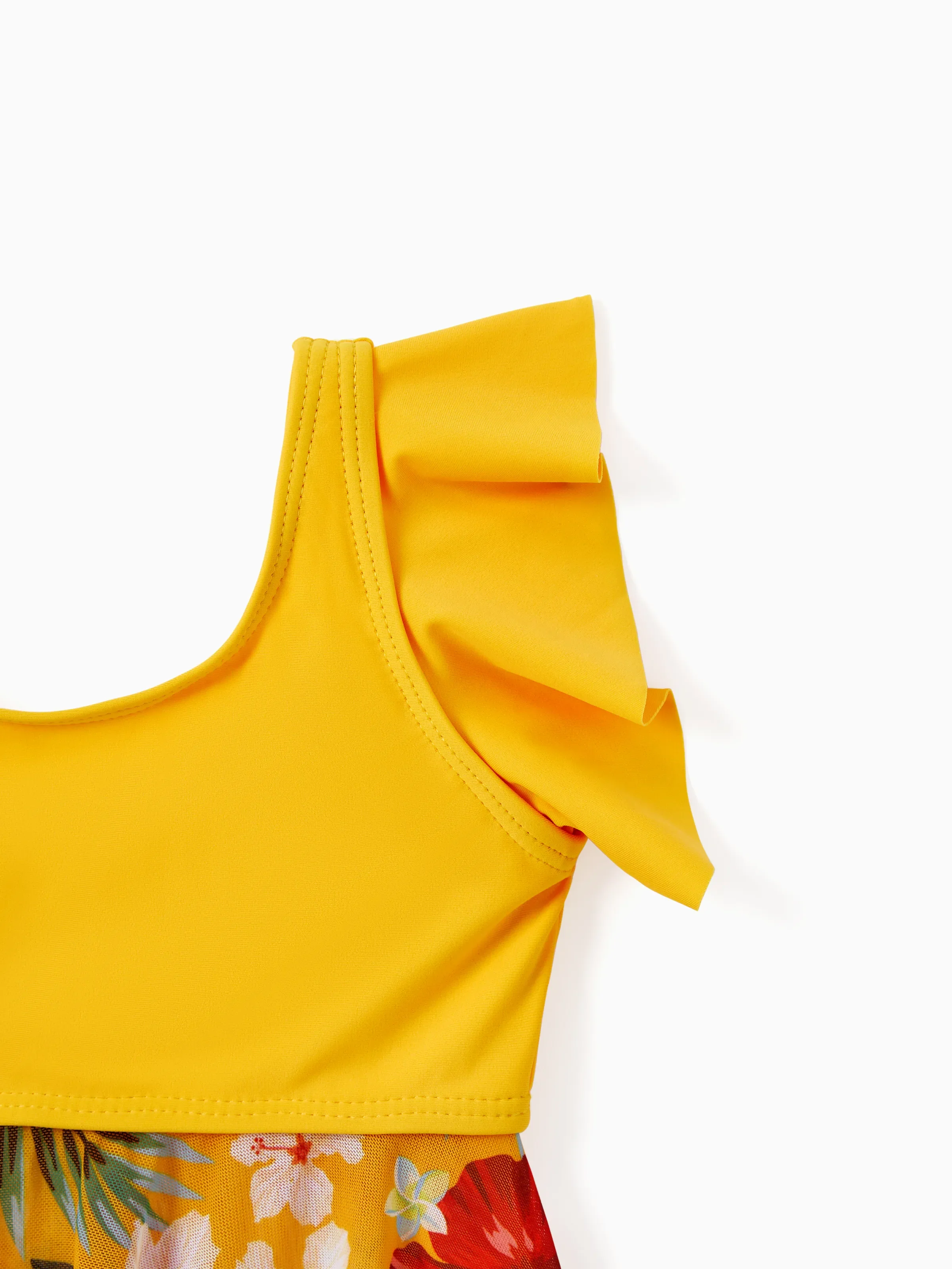 Daddy & Daughter Floral Drawstring Swim Trunks or Flowy Spliced Mesh Swim Dress with Triangle Swim Bottom Yellow - Image 10