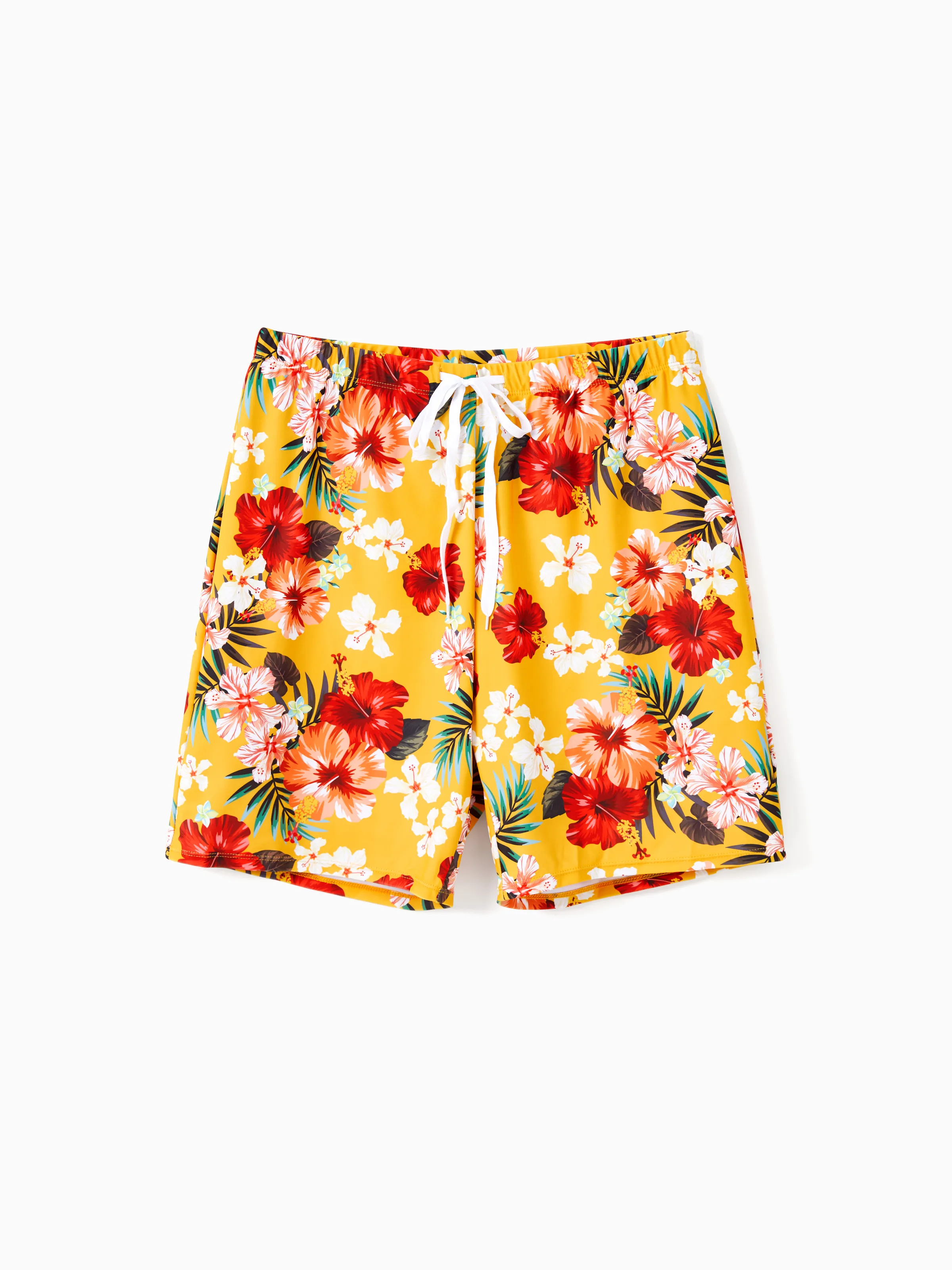Daddy & Daughter Floral Drawstring Swim Trunks or Flowy Spliced Mesh Swim Dress with Triangle Swim Bottom Yellow - Image 3