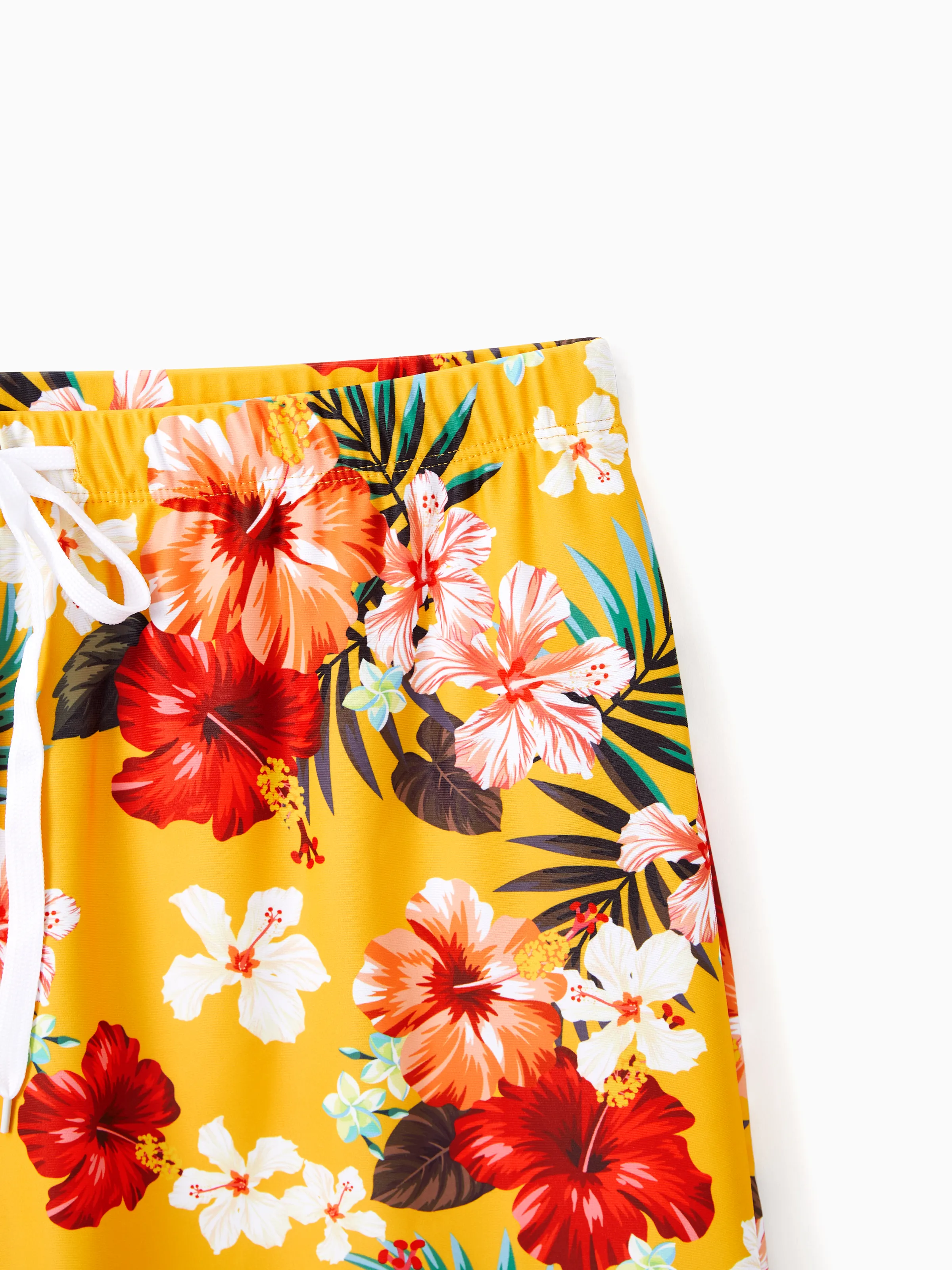 Daddy & Daughter Floral Drawstring Swim Trunks or Flowy Spliced Mesh Swim Dress with Triangle Swim Bottom Yellow - Image 5