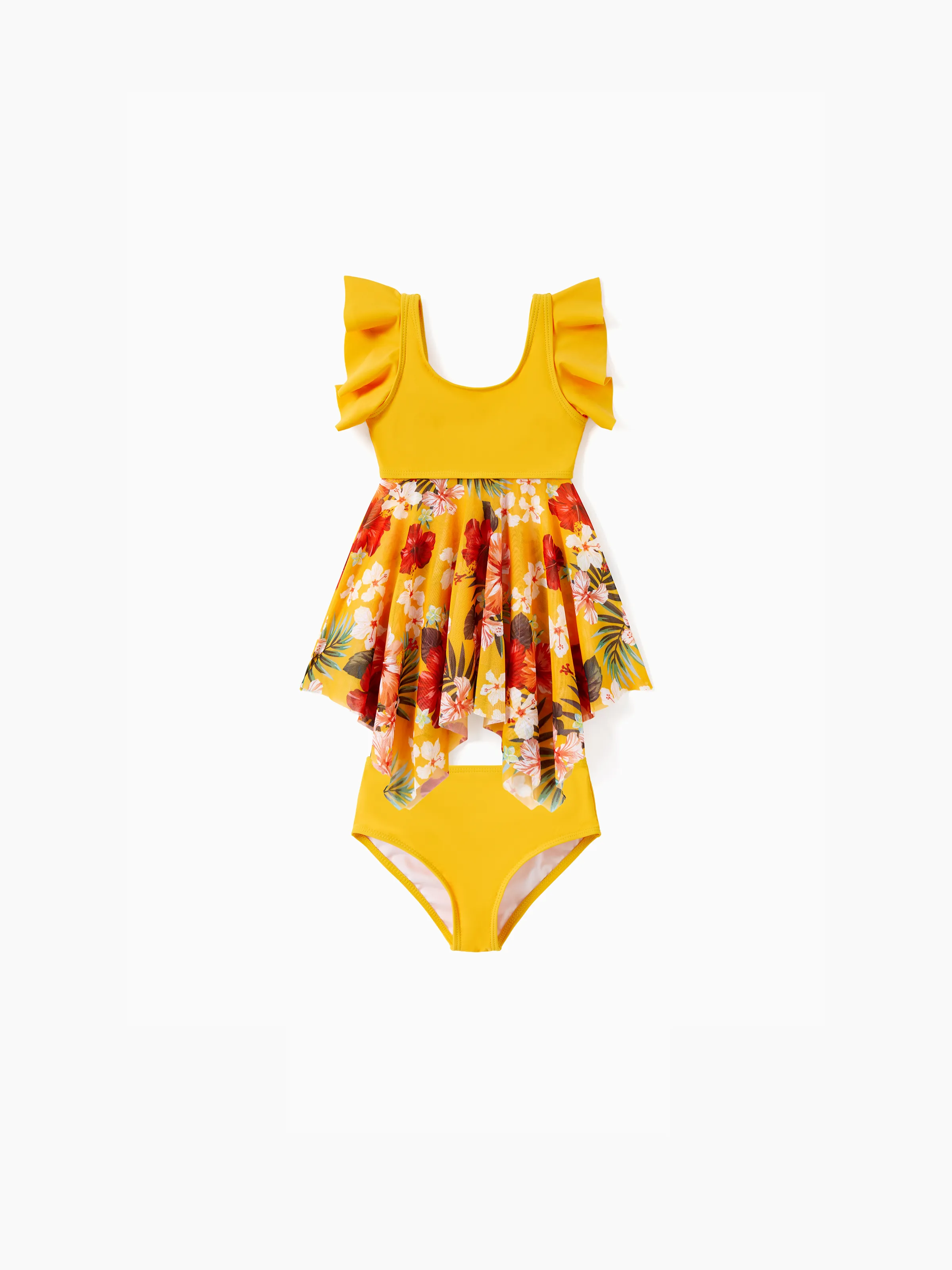 Daddy & Daughter Floral Drawstring Swim Trunks or Flowy Spliced Mesh Swim Dress with Triangle Swim Bottom Yellow - Image 8
