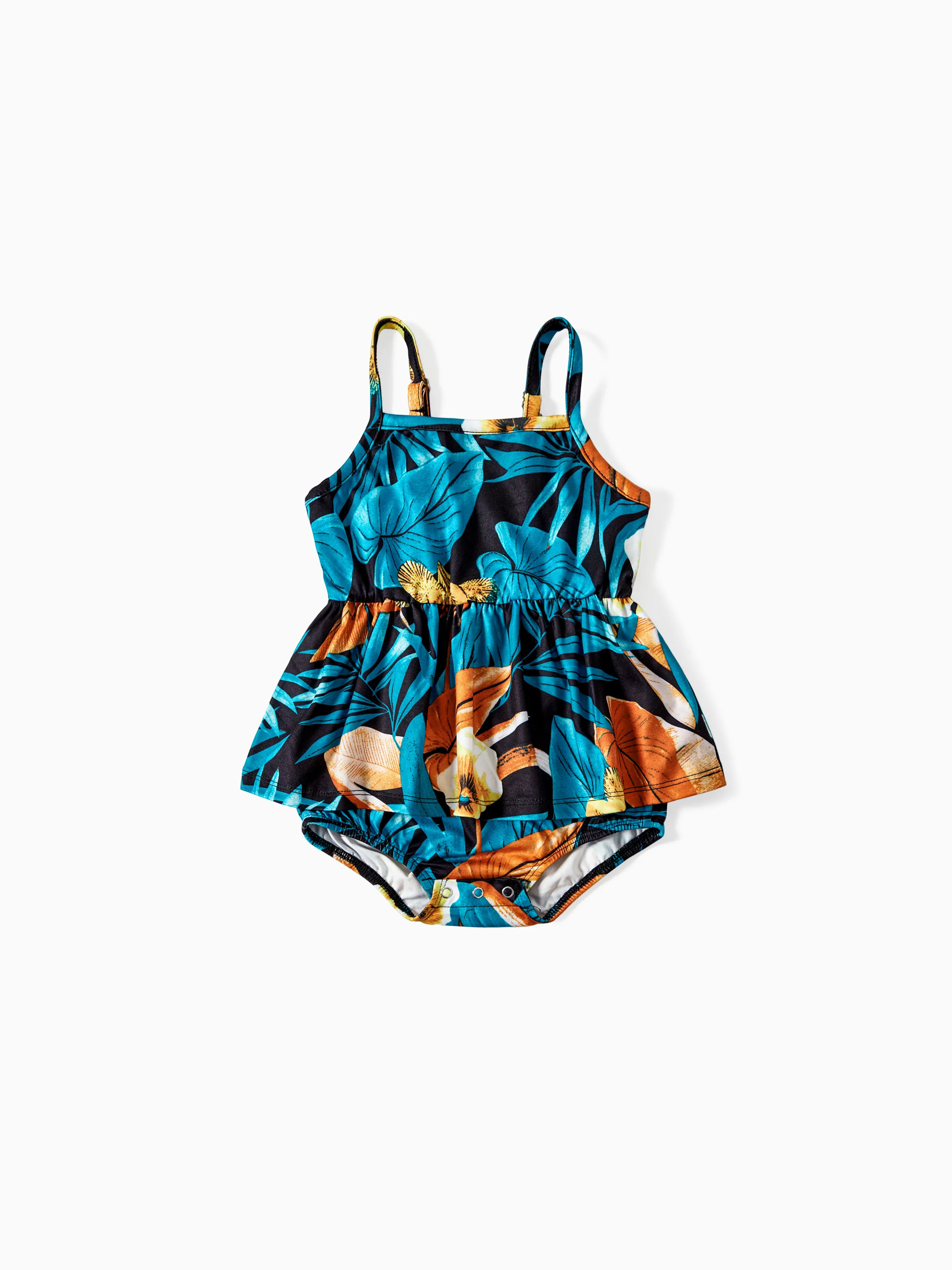 Daddy & Daughter Floral Panel T-shirt and Floral Ruched Drawstring Side Strap Dress Sets Black - Image 13