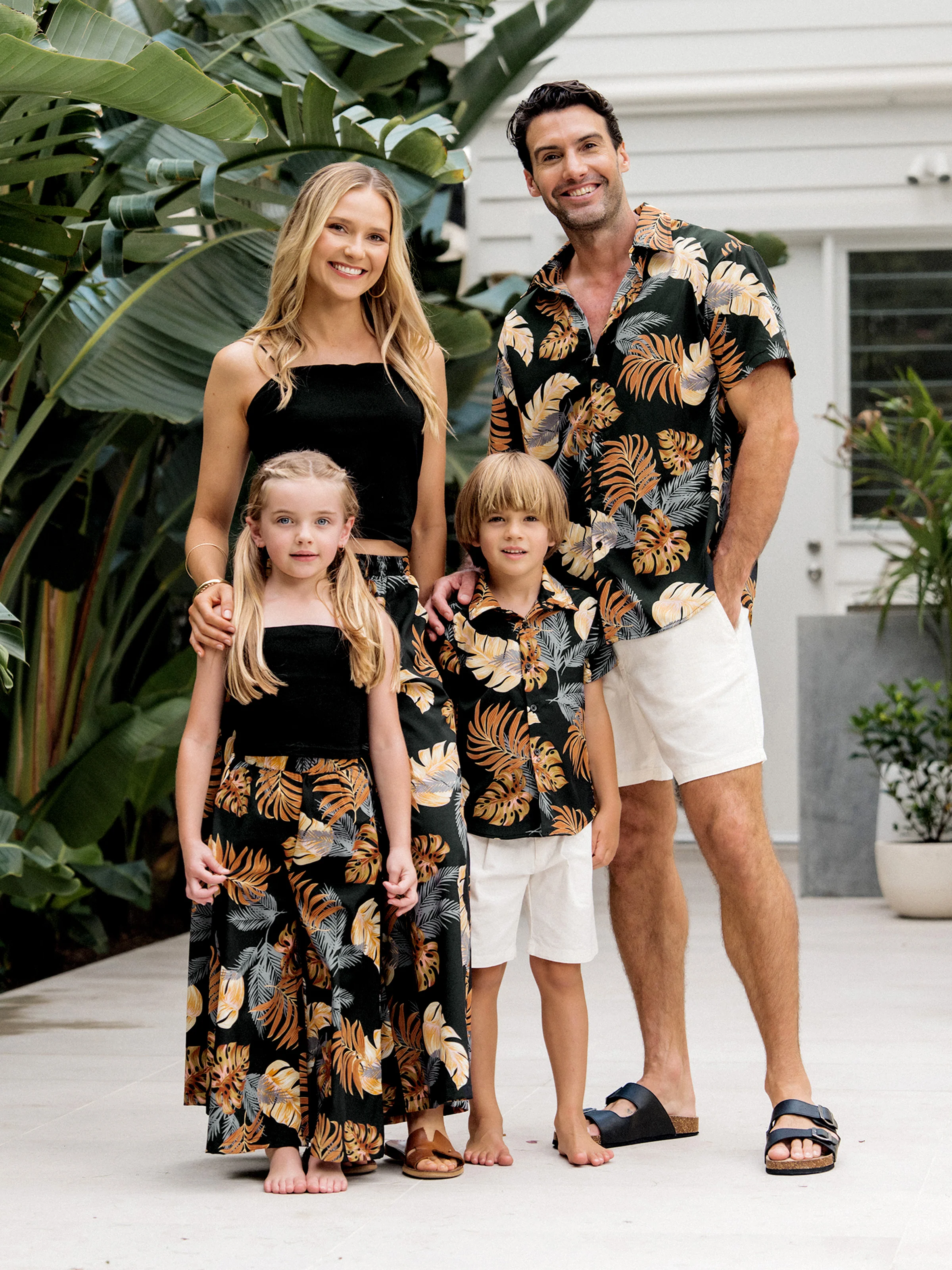 Daddy & Daughter Floral Print Beach Wear Short-sleeve Shirt or Camisole top and Wide-Leg Pants Set for Summer Vacation Family Looks Black+White - Image 2